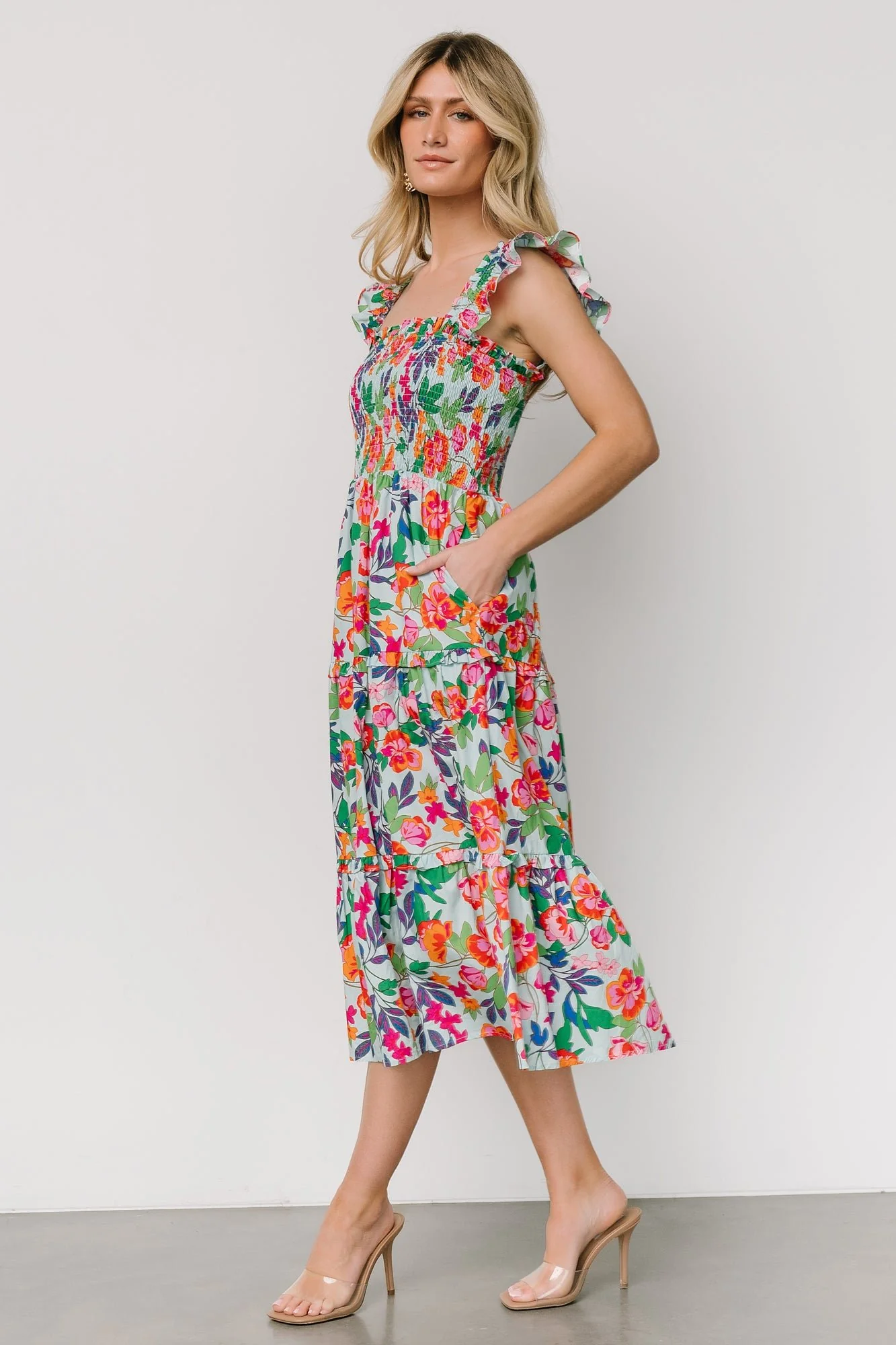 Harper Smocked Midi Dress | Blue Multi Floral - Vlounger