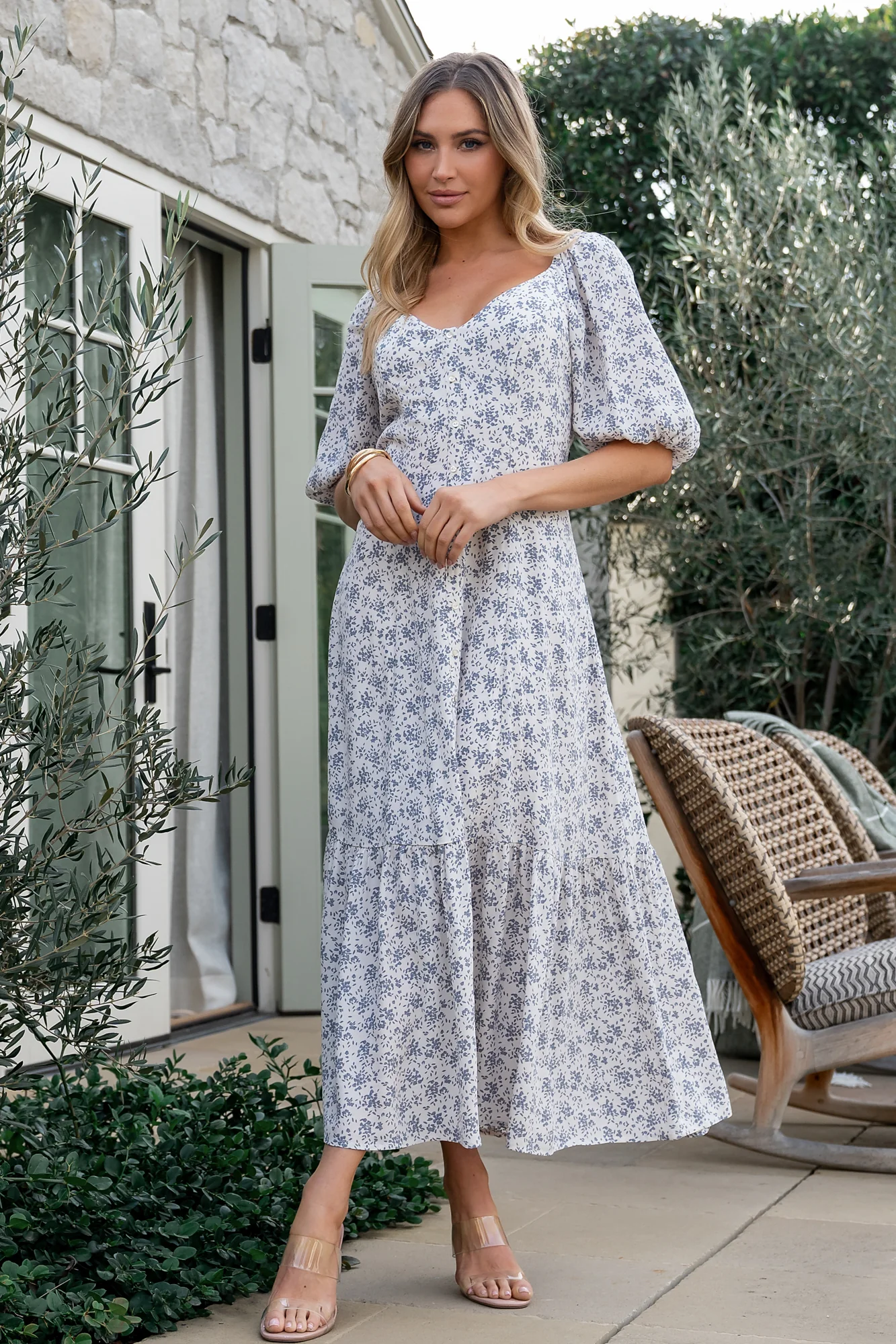 Elisabeth Button Dress | Off White + Blue Floral - Vlounger