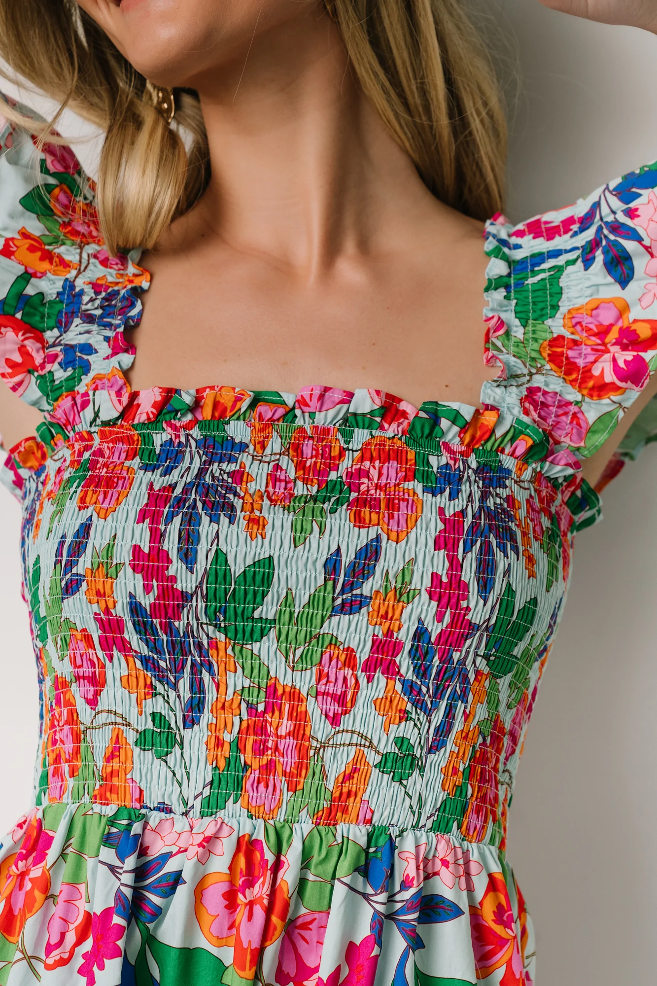 Harper Smocked Midi Dress | Blue Multi Floral - Vlounger