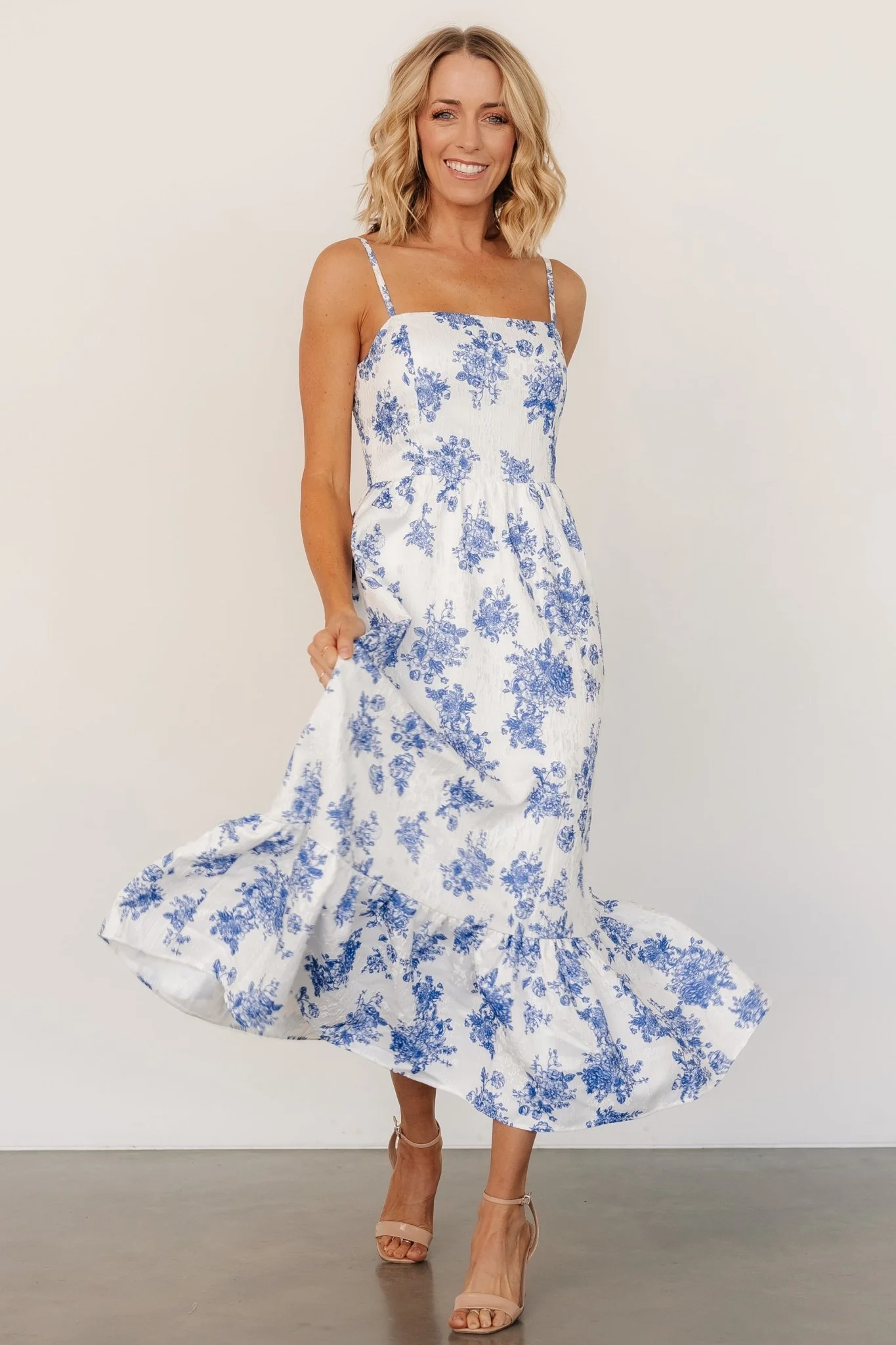 Cherie Jacquard Dress | Off White + Blue Floral - Vlounger