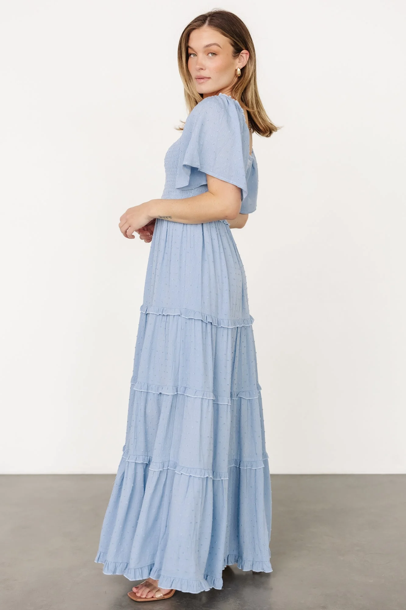 Lenora Smocked Dotted Maxi Dress | Dusty Blue - Vlounger