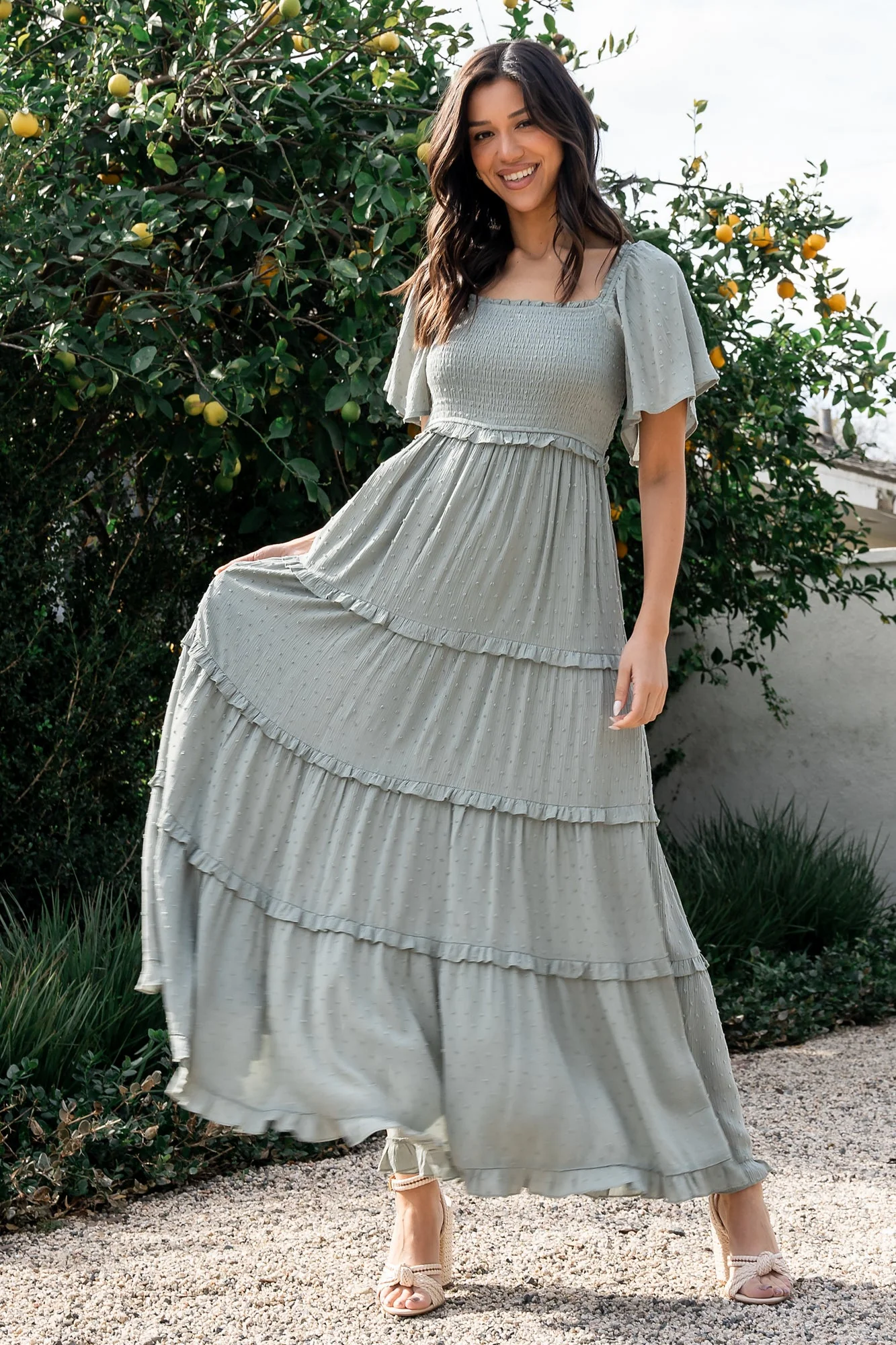 Lenora Smocked Dotted Maxi Dress | Sage - Vlounger