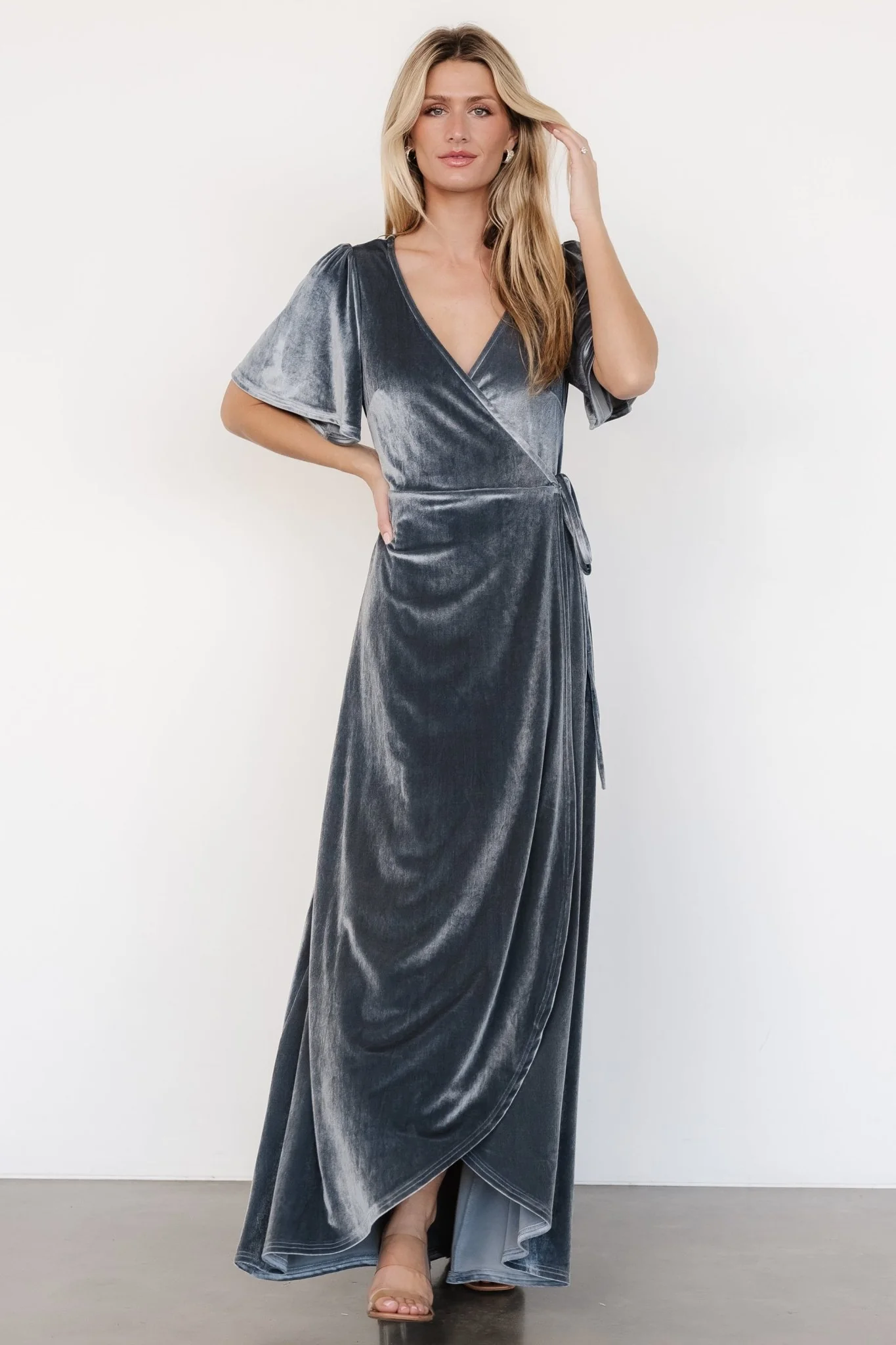 Katelyn Velvet Maxi Wrap Dress | Dusty Blue - Vlounger