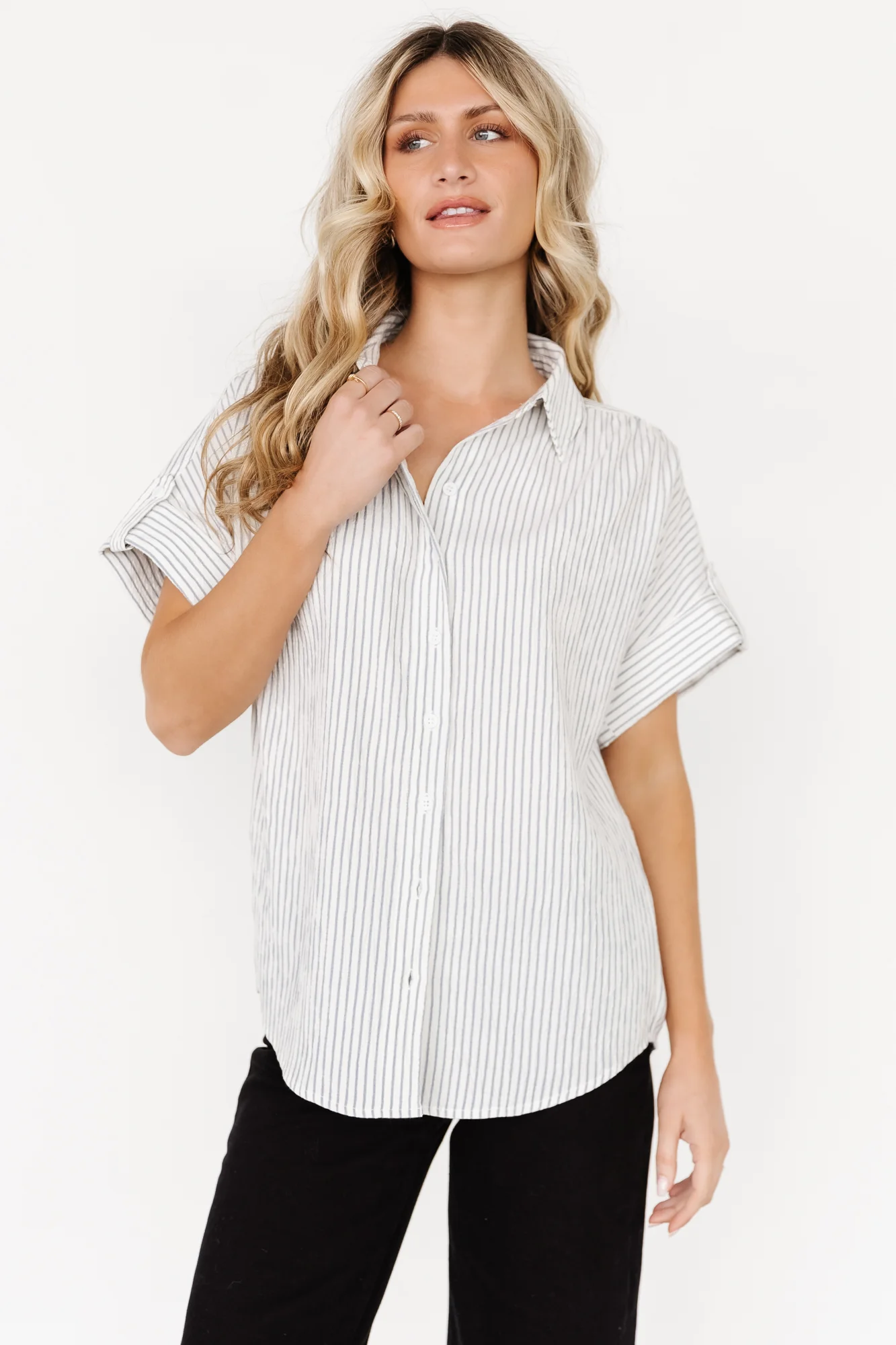 Draya Button Up Top | Light Blue Stripe - Vlounger