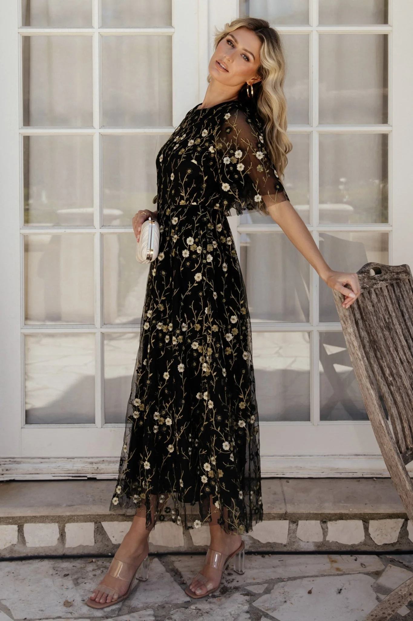 Arabella Embroidered Tulle Maxi Dress | Gold + Black - Vlounger