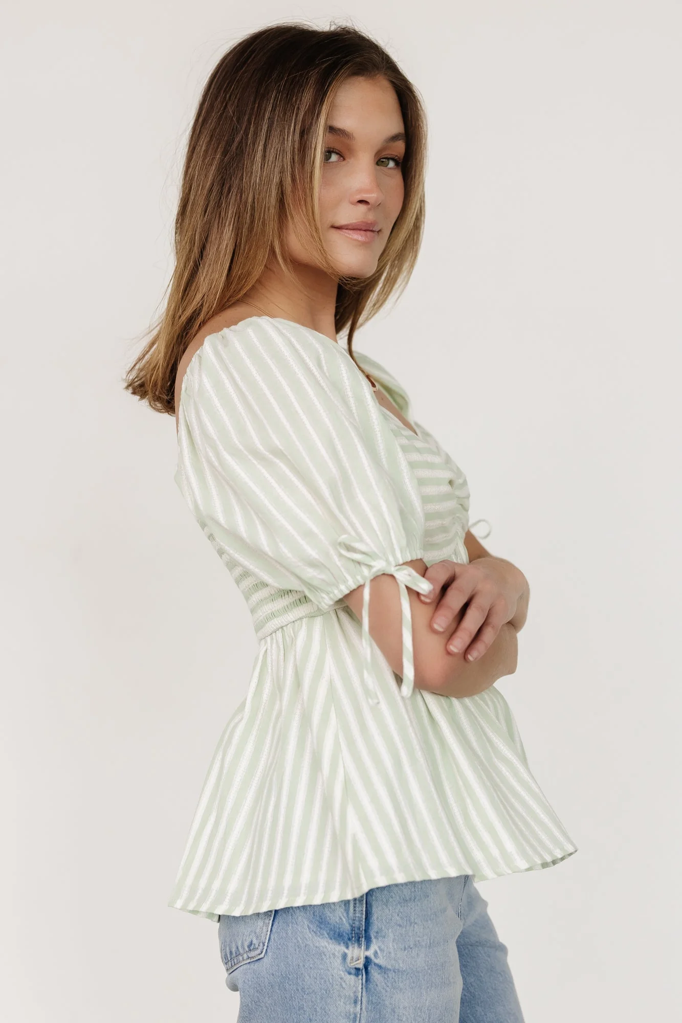 Betsy Peplum Top | Green+ White Stripe - Vlounger