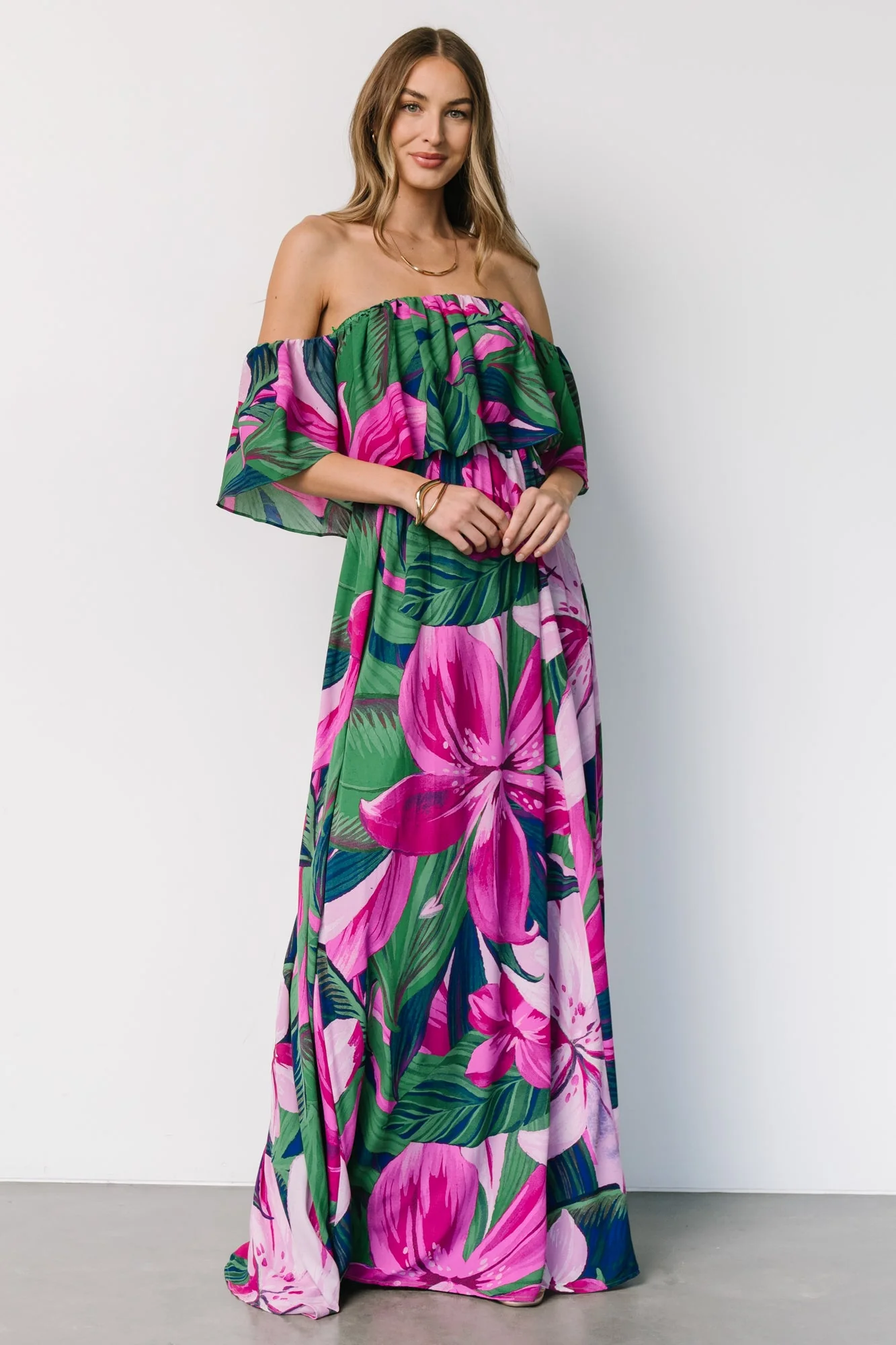 Azalea Off Shoulder Maxi Dress | Green + Fuchsia Floral - Vlounger