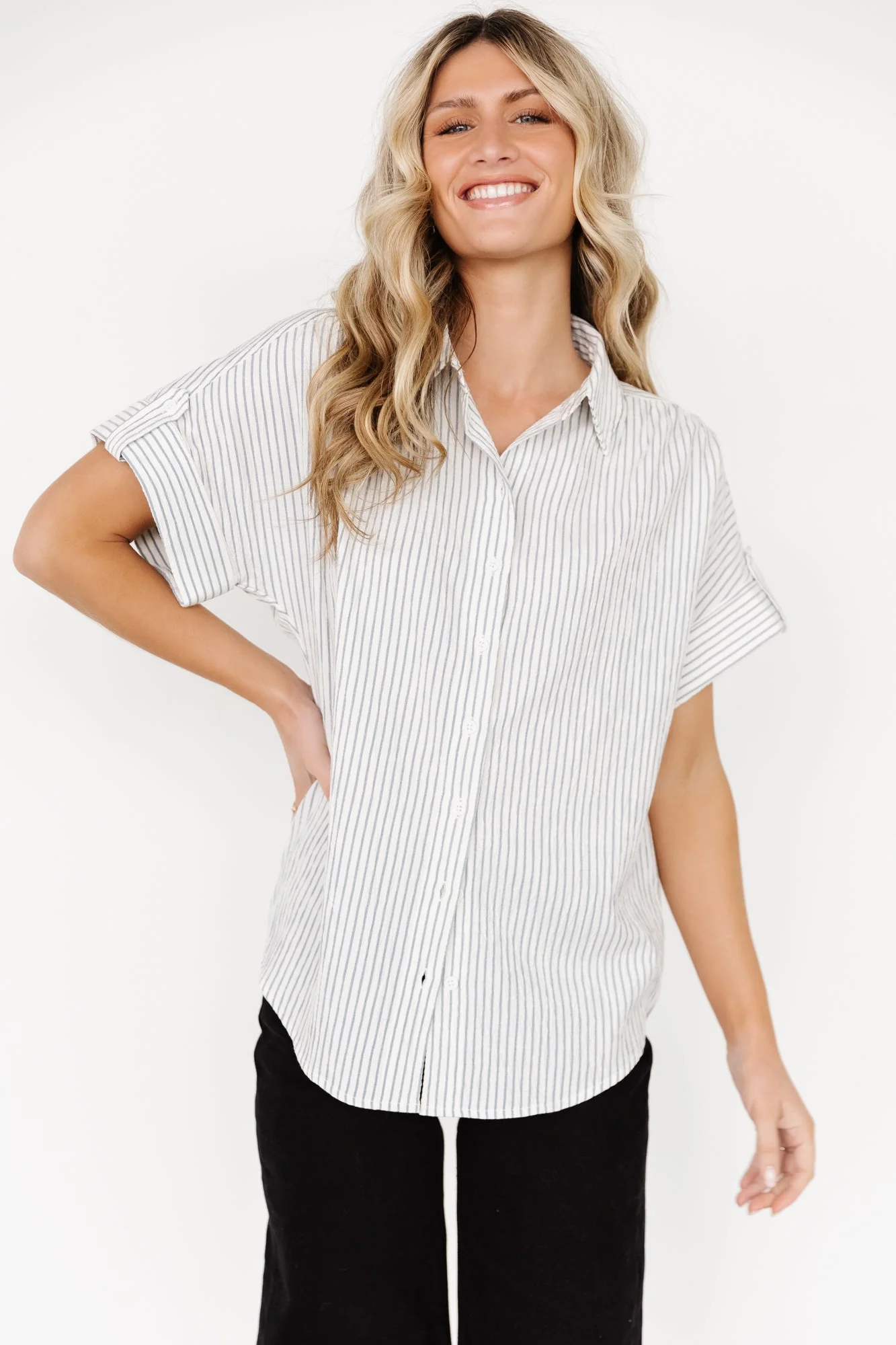 Draya Button Up Top | Light Blue Stripe - Vlounger