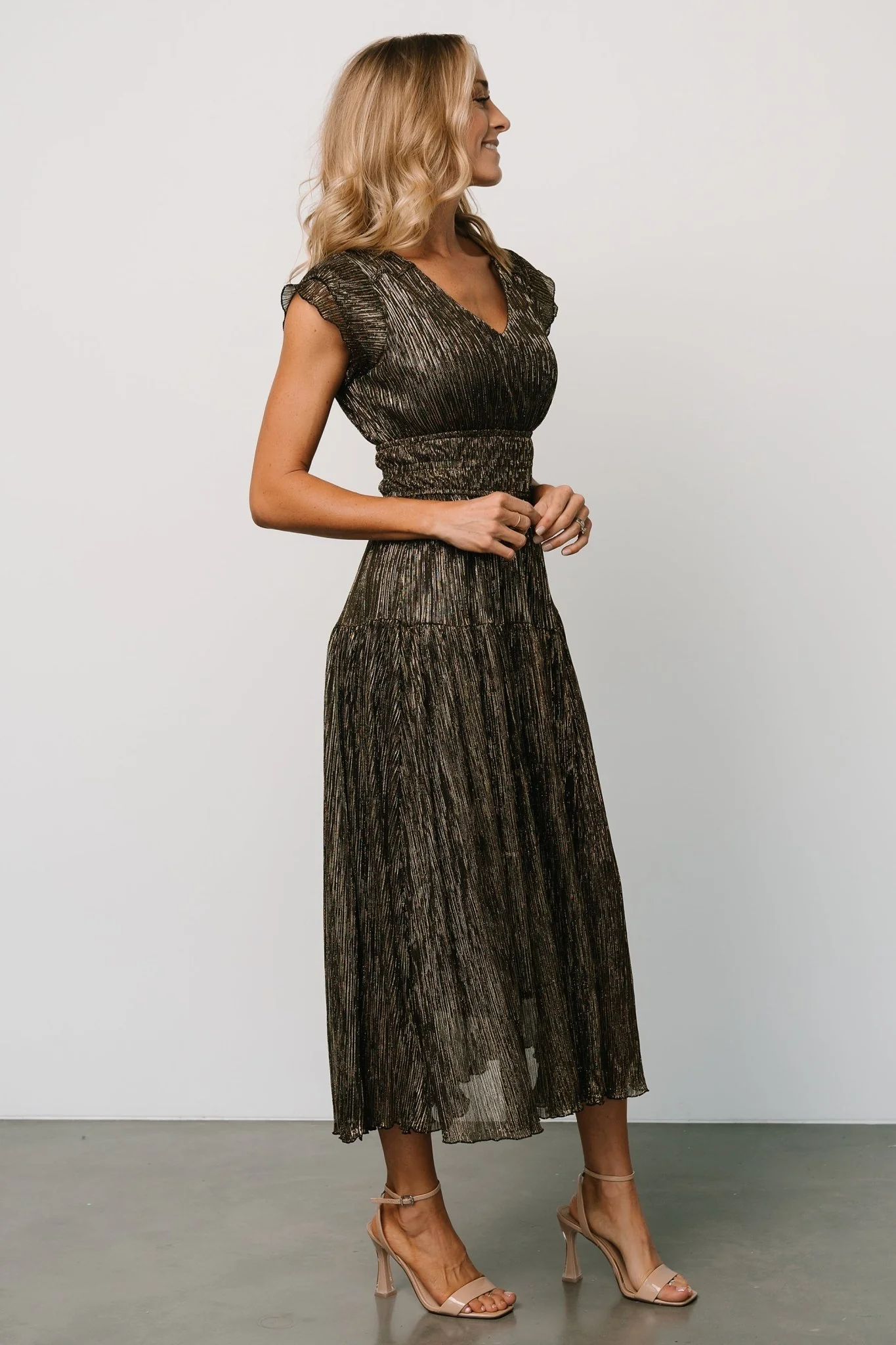 Miley Pleated Shimmer Dress | Gold - Vlounger