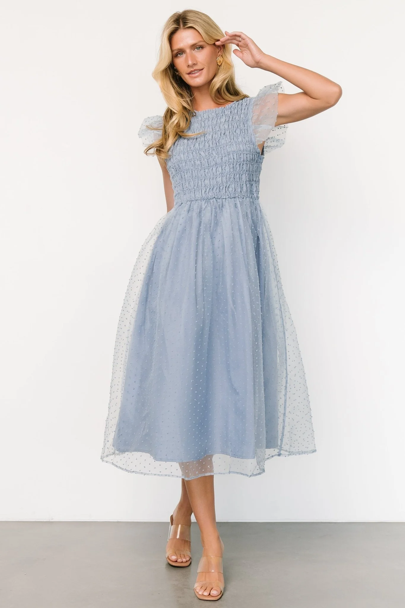 Alice Dot Midi Dress | Dusty Blue - Vlounger