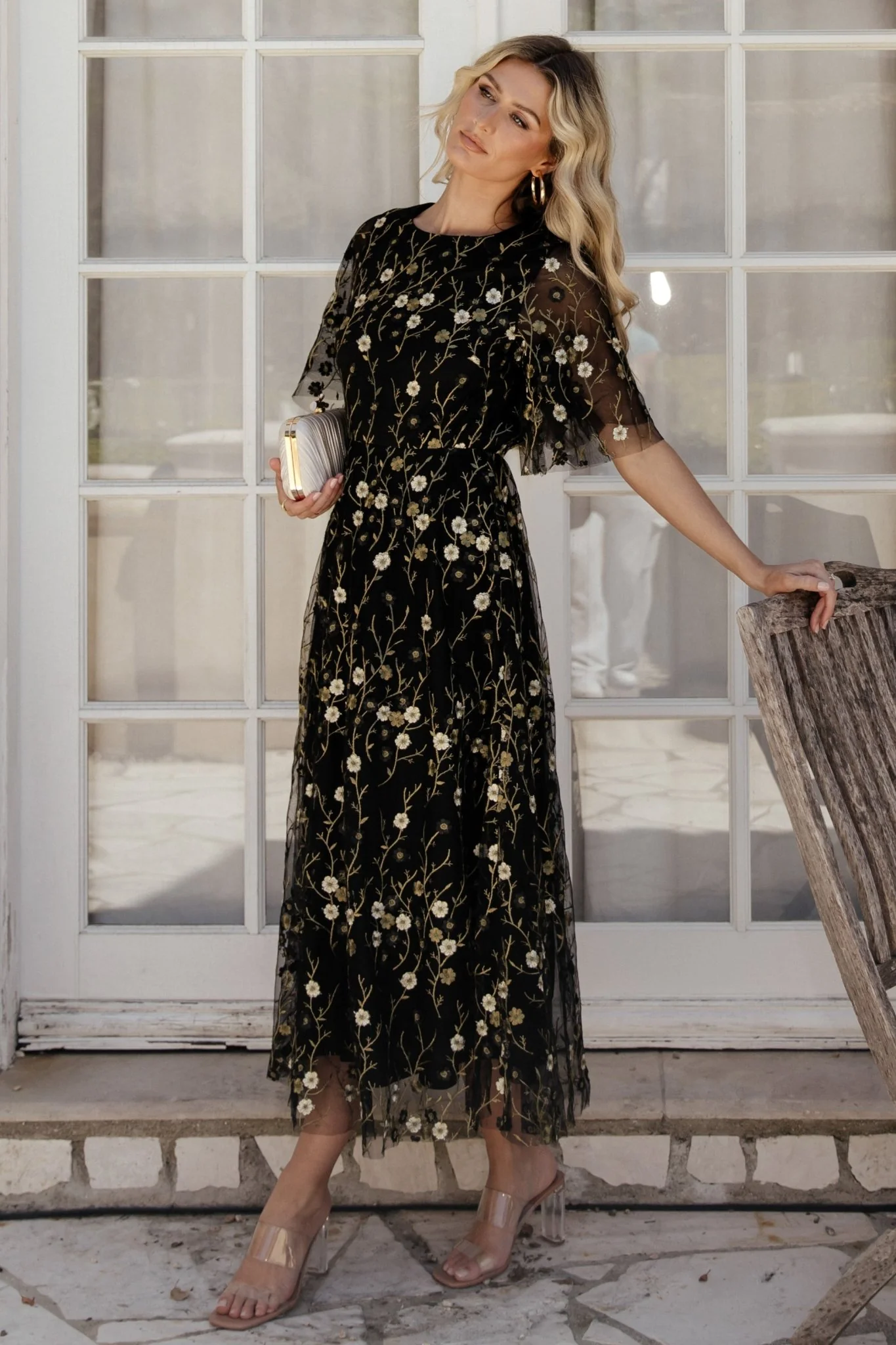 Arabella Embroidered Tulle Maxi Dress | Gold + Black - Vlounger