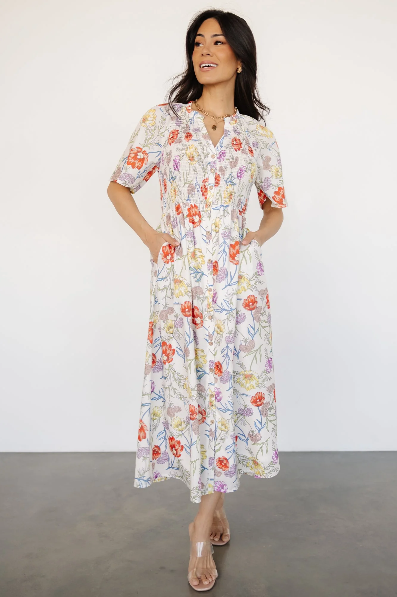 Botega Midi Dress | Ivory Multi Floral - Vlounger