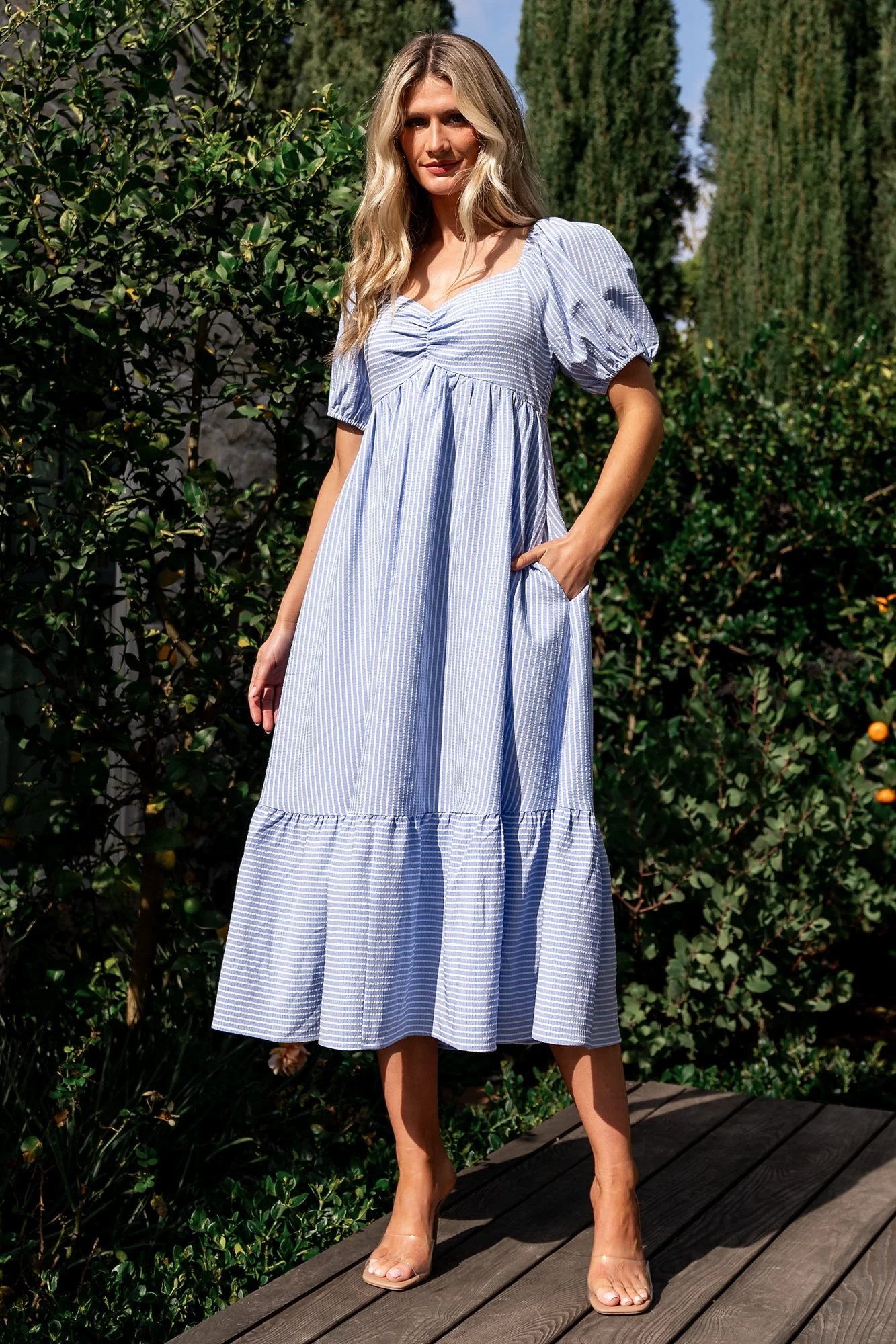 Poppy Midi Dress | Blue + Off White - Vlounger