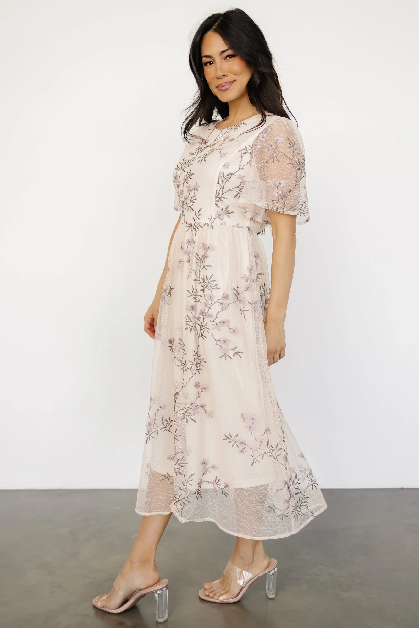 Ashlee Embroidered Midi Dress | Cream + Lavender Floral - Vlounger