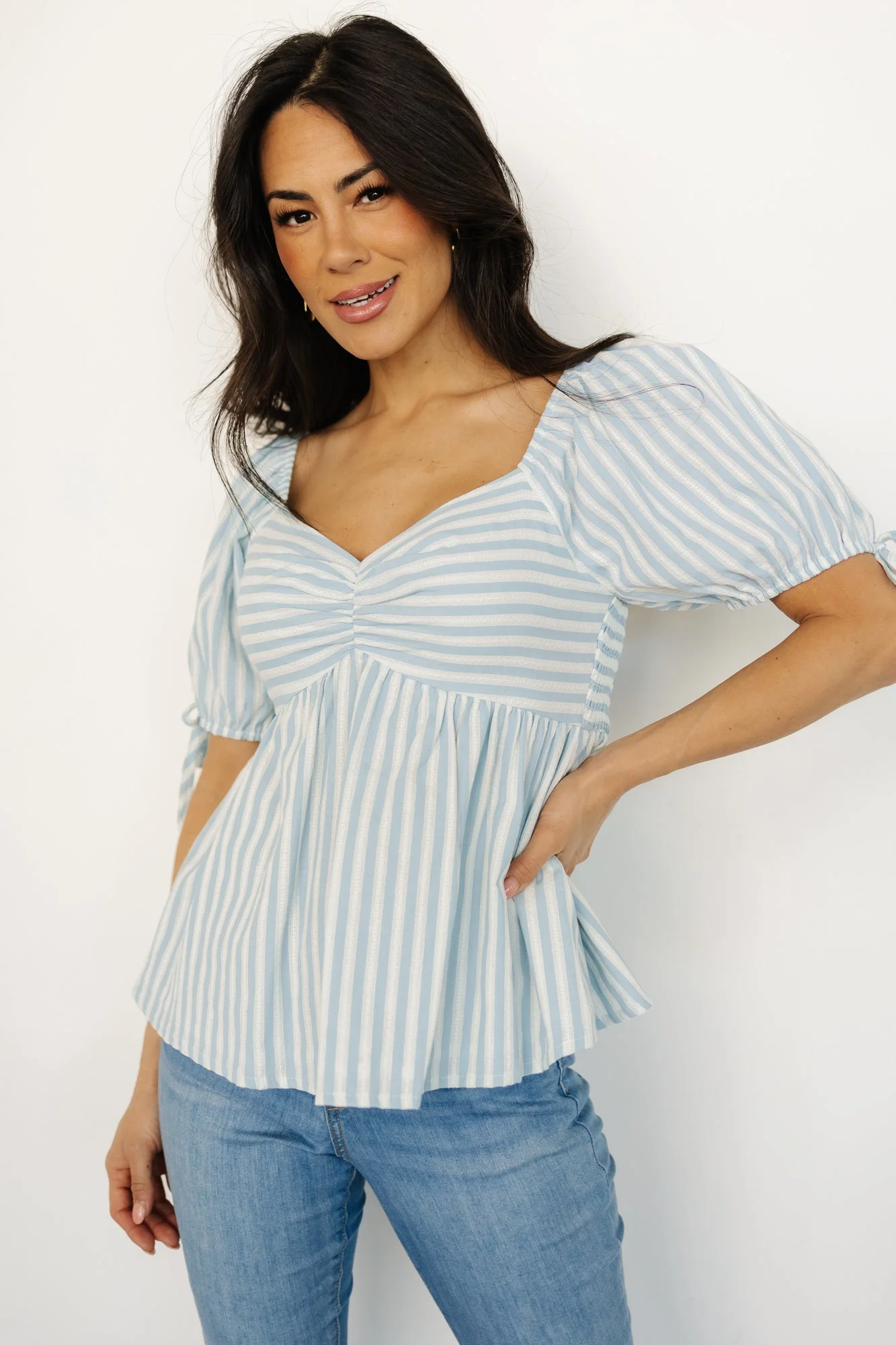Betsy Peplum Top | Blue + White Stripe - Vlounger