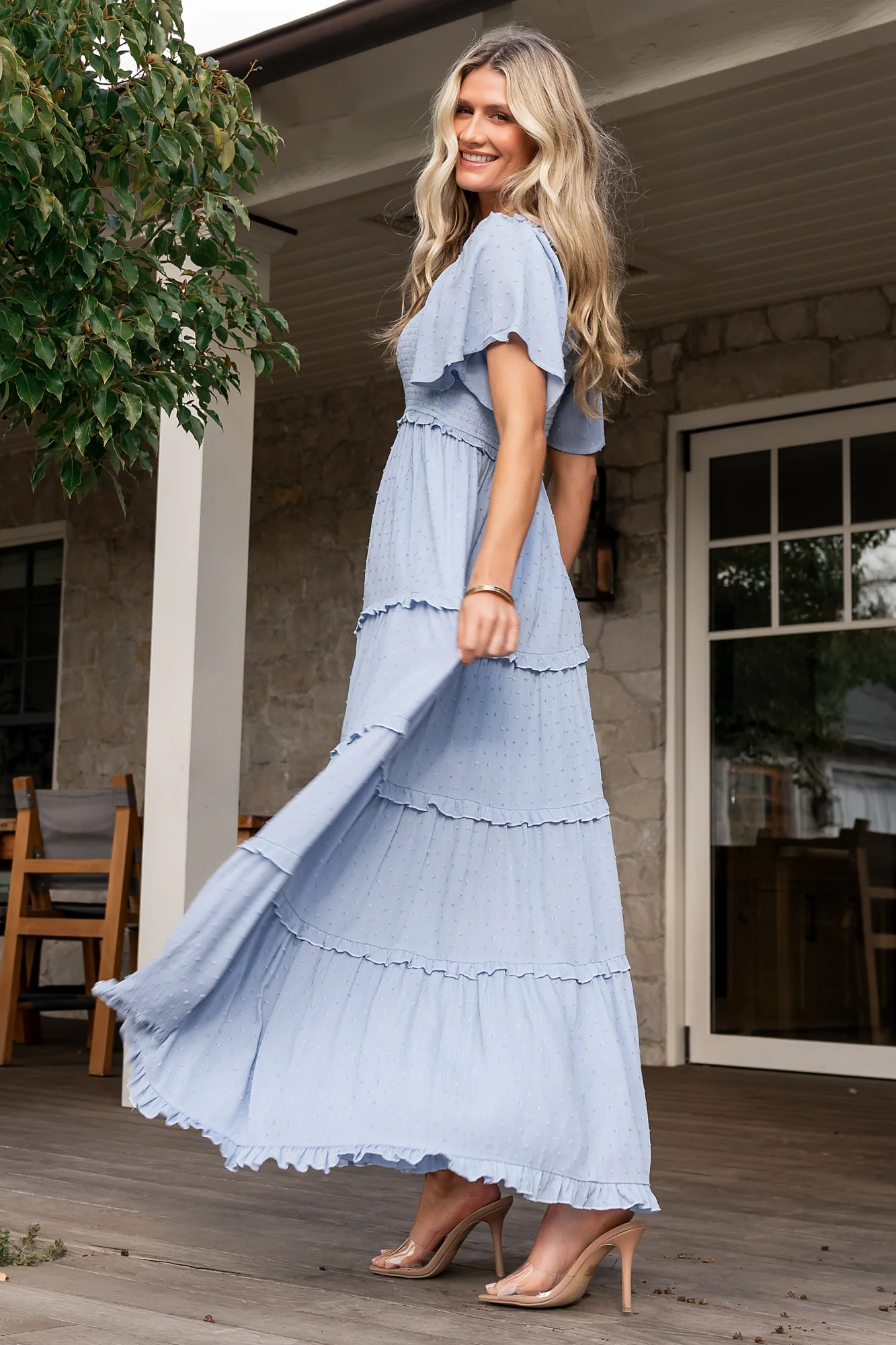 Lenora Smocked Dotted Maxi Dress | Dusty Blue - Vlounger