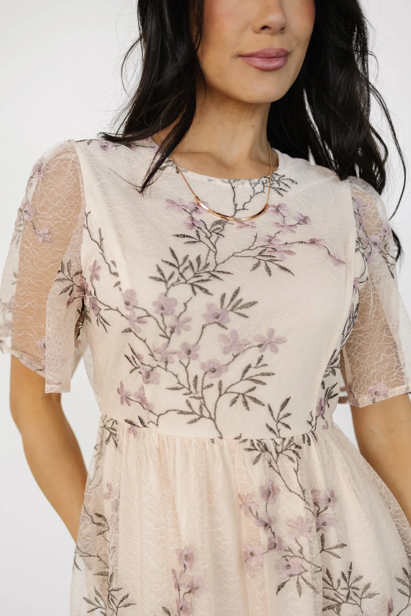 Ashlee Embroidered Midi Dress | Cream + Lavender Floral - Vlounger