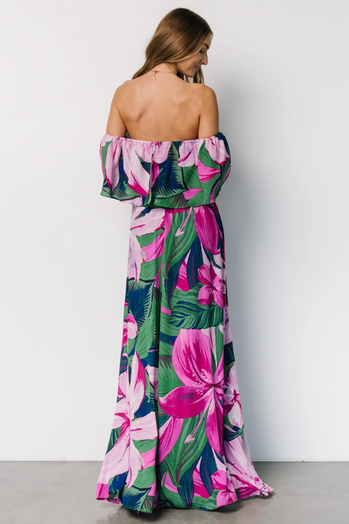Azalea Off Shoulder Maxi Dress | Green + Fuchsia Floral - Vlounger