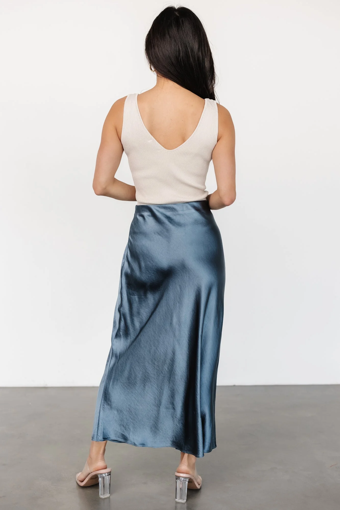 Celeste Satin Midi Skirt | Steel Blue - Vlounger