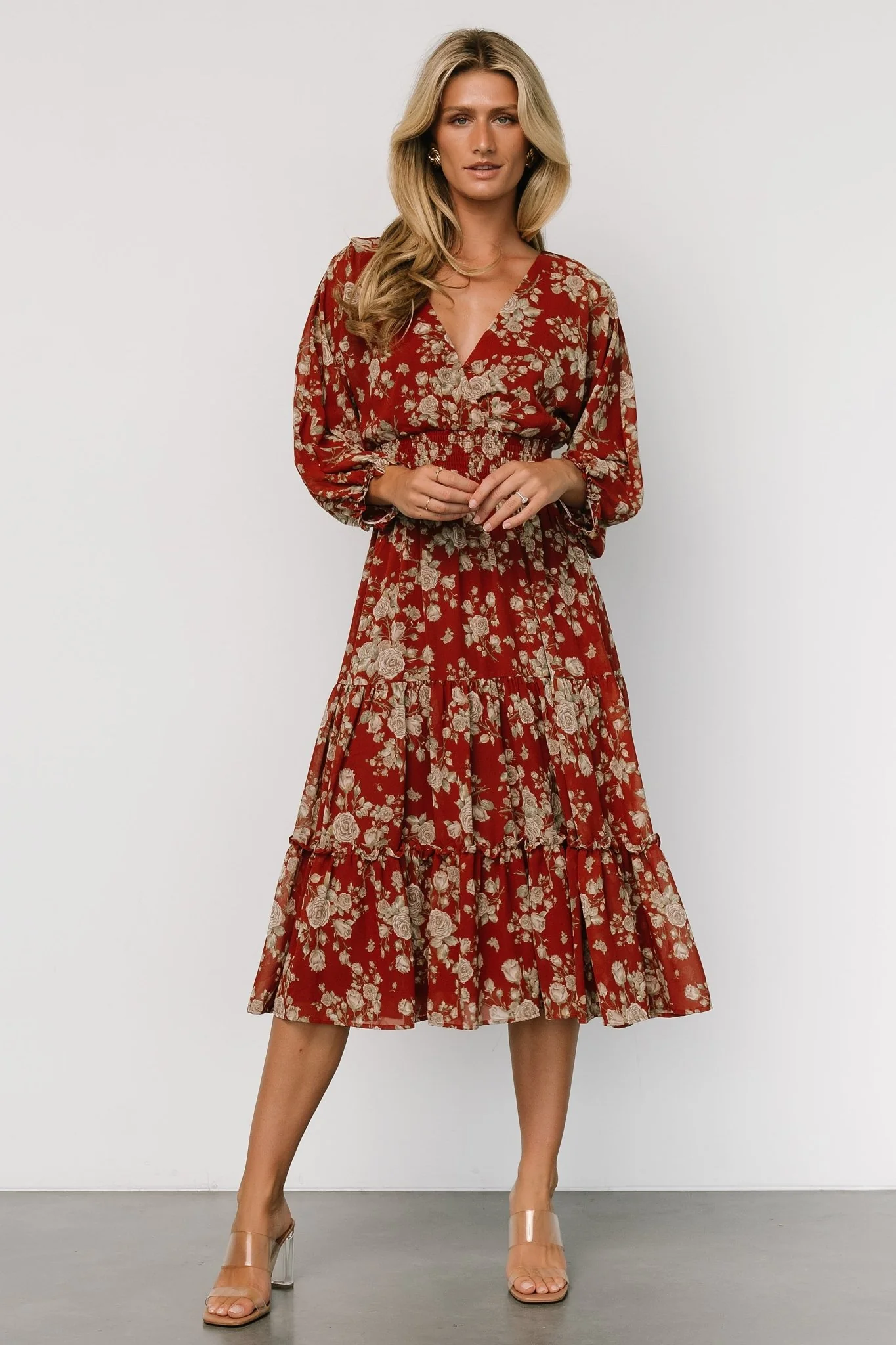 Coventry Tiered Midi Dress | Rust Floral - Vlounger
