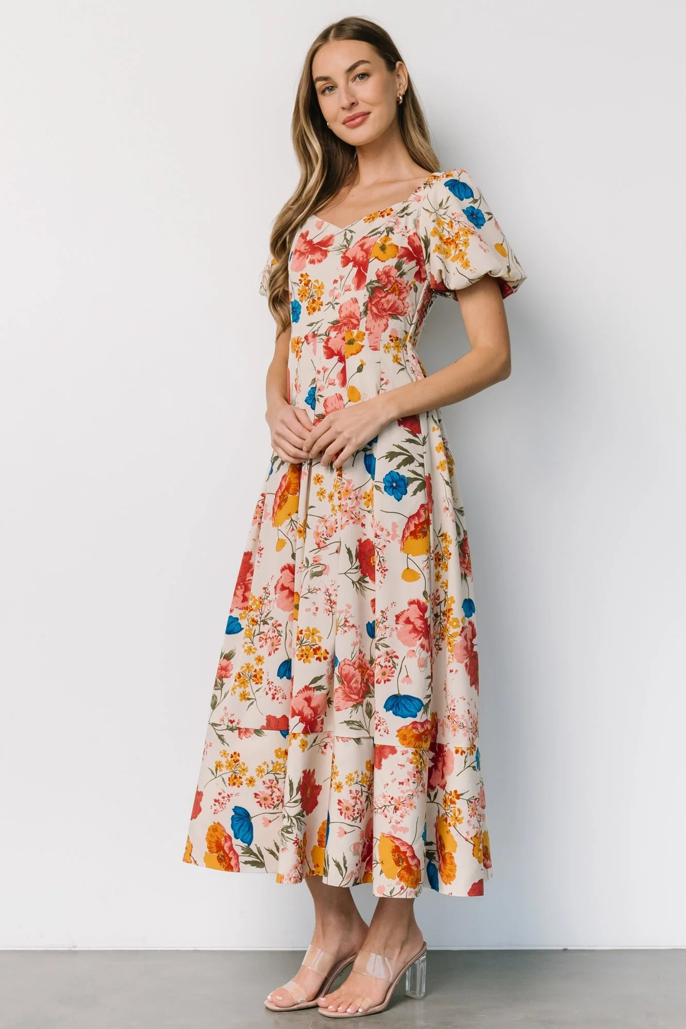 Greta Pleated Maxi Dress | Cream Multi Floral - Vlounger