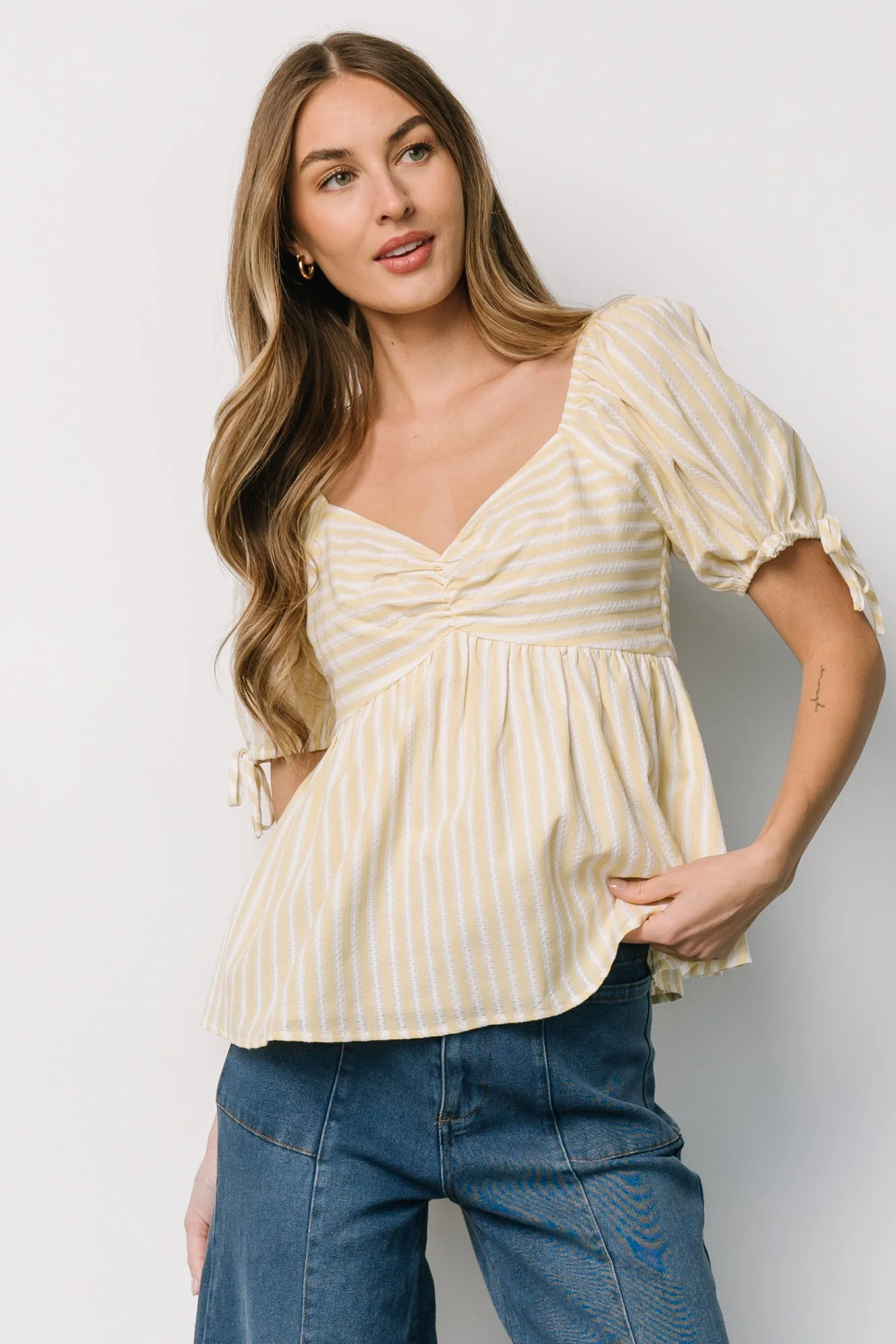Betsy Peplum Top | Yellow + White Stripe - Vlounger