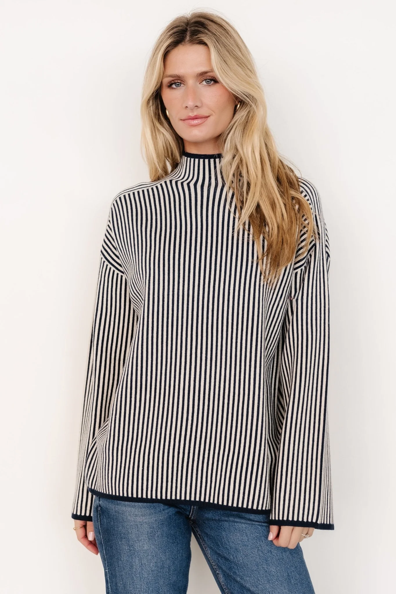 Kat Mock Neck Sweater | Navy Stripe - Vlounger