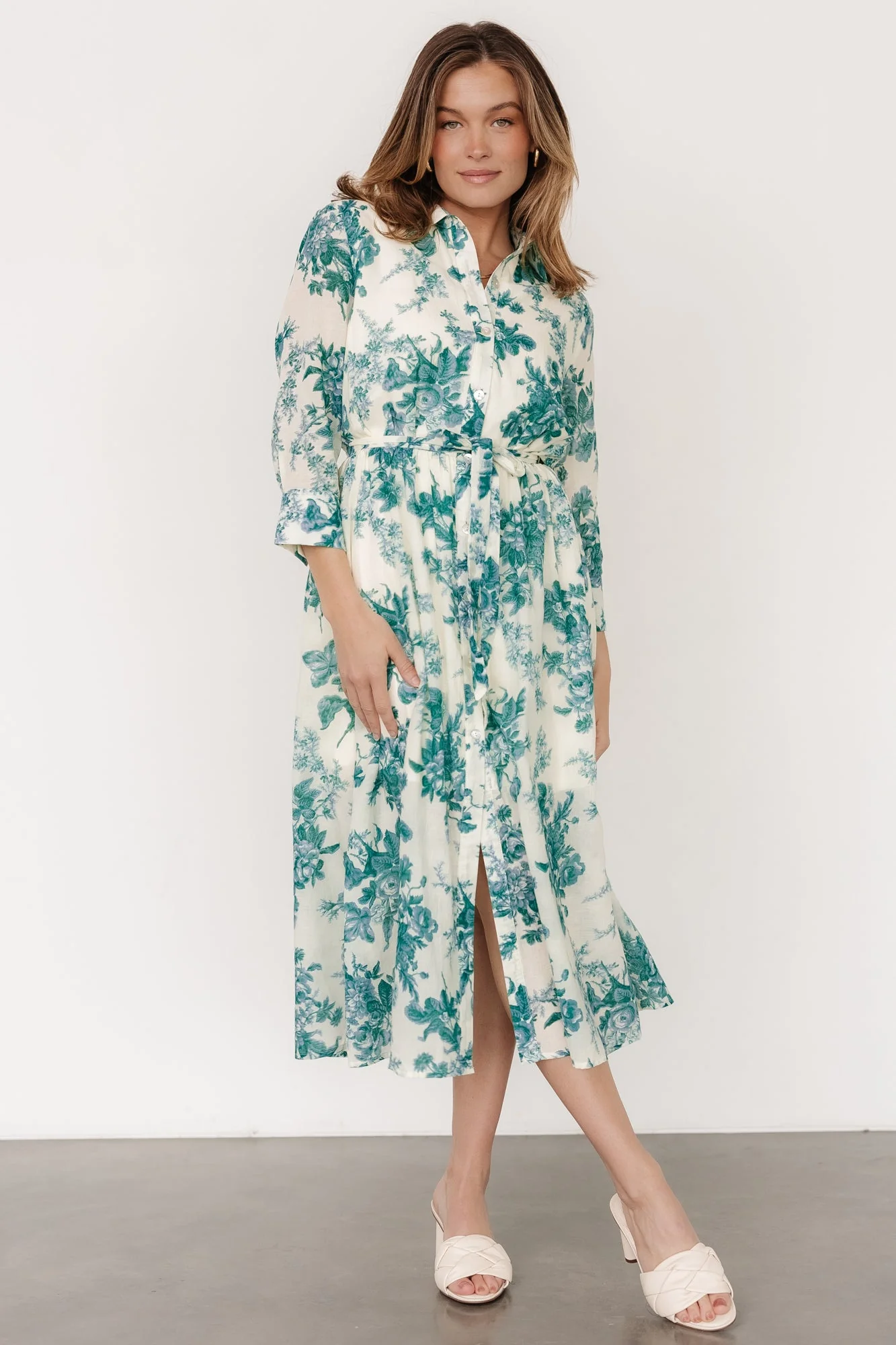 Eunice Button Midi Dress | Cream + Green Floral - Vlounger