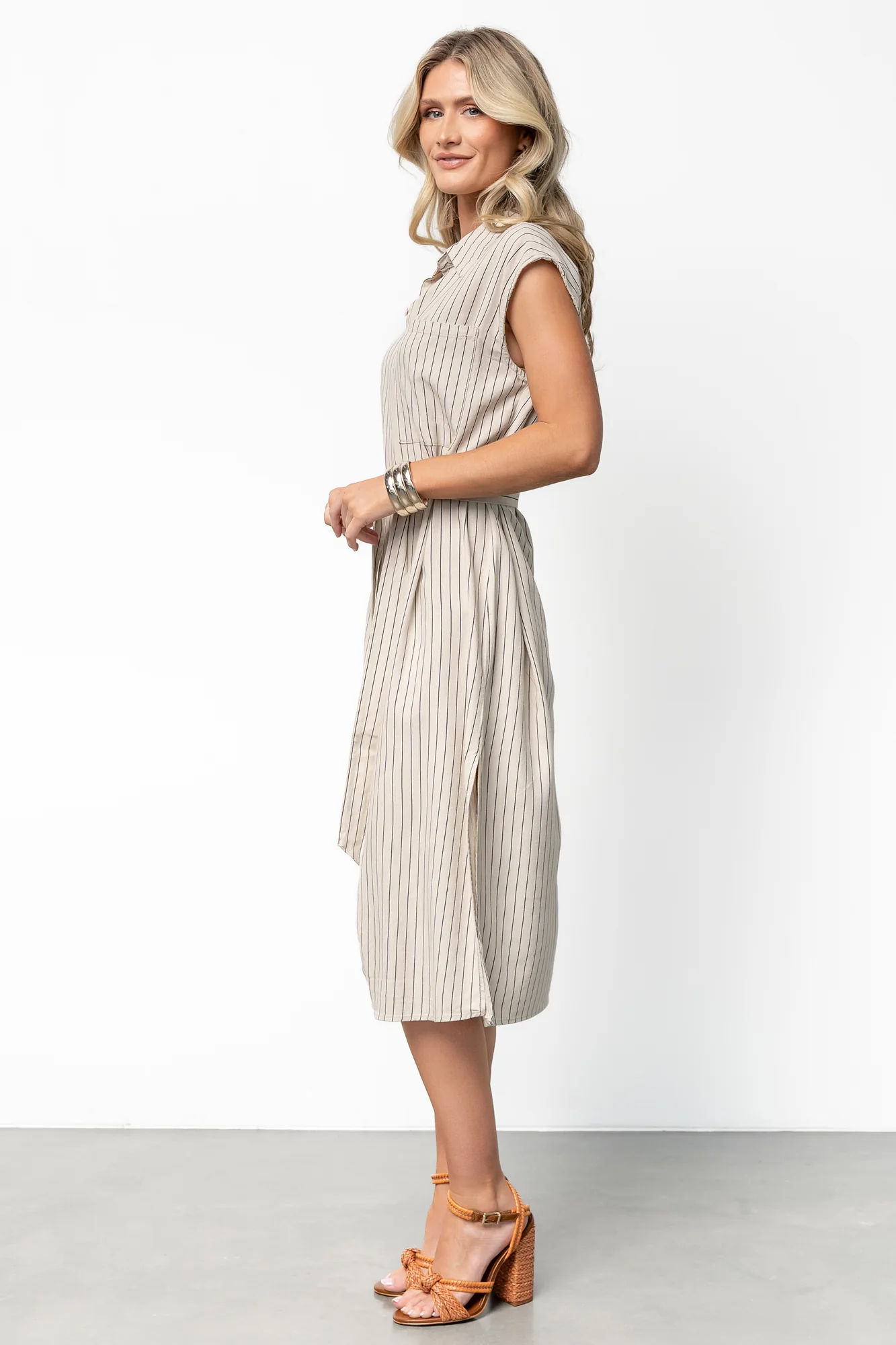 Toledo Button Up Midi Dress | Beige Stripe - Vlounger