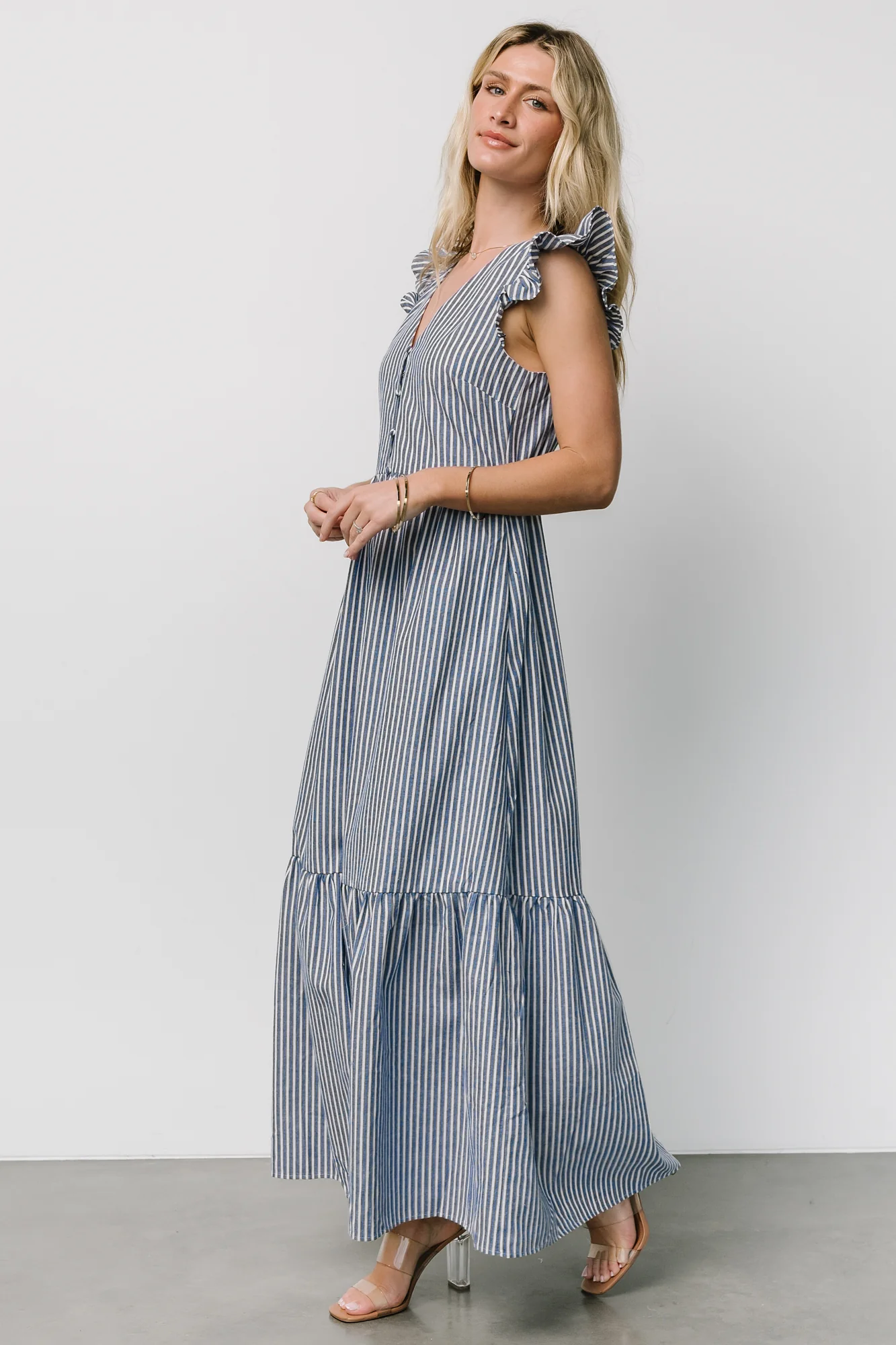 Hettie Button Maxi Dress | Blue Stripe - Vlounger