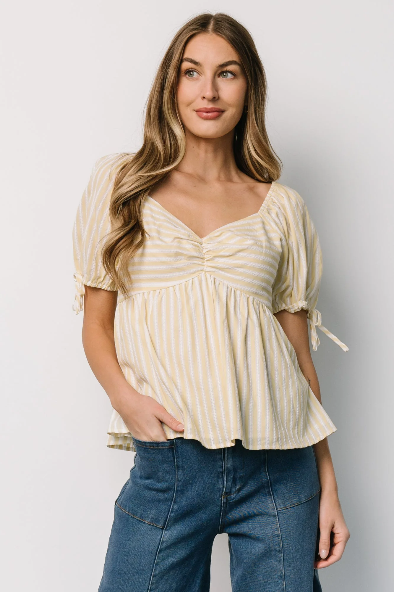 Betsy Peplum Top | Yellow + White Stripe - Vlounger