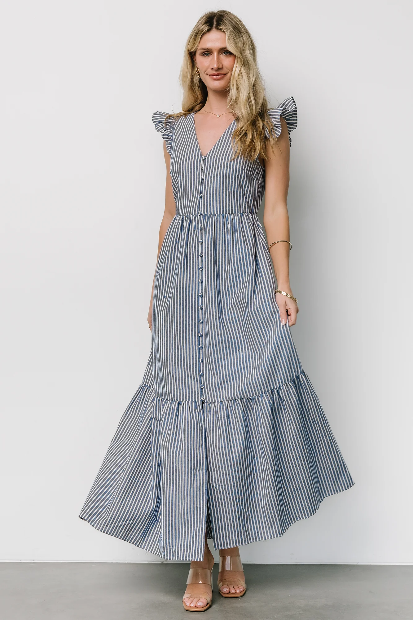 Hettie Button Maxi Dress | Blue Stripe - Vlounger
