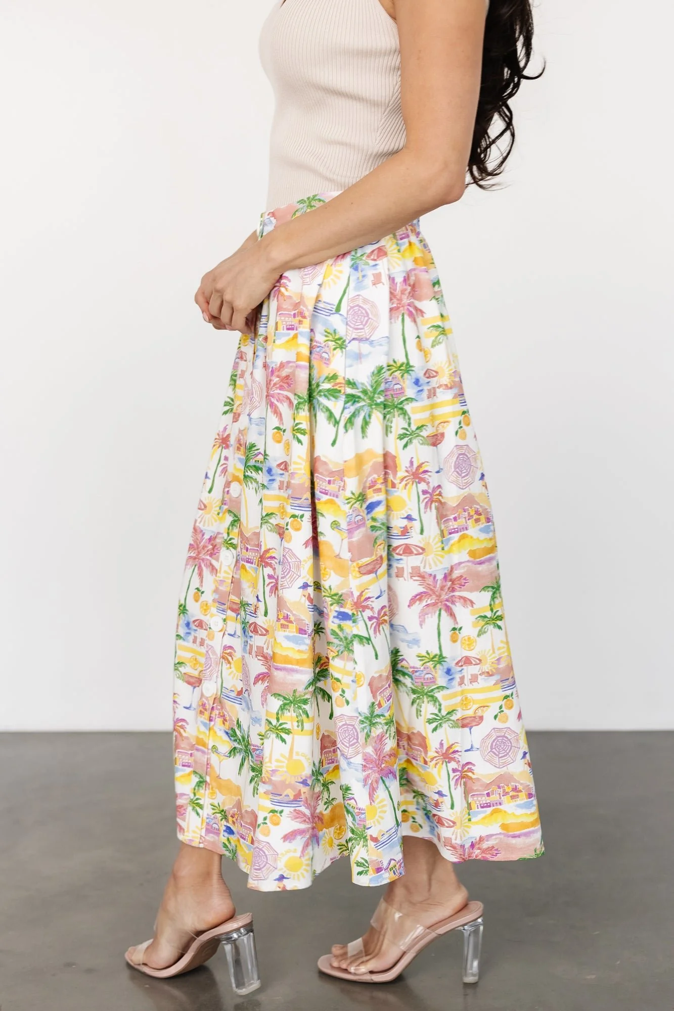 Gigi Button Midi Skirt | Off White + Multi Print - Vlounger
