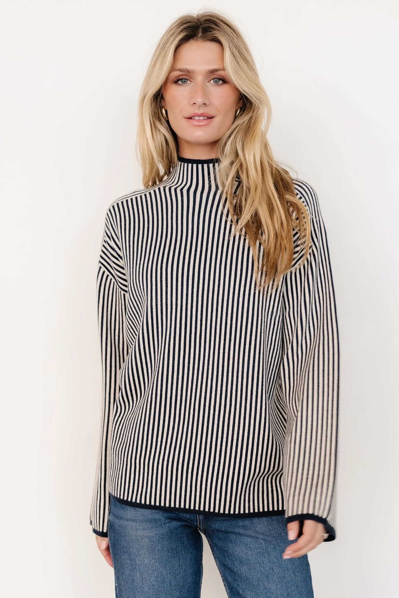 Kat Mock Neck Sweater | Navy Stripe - Vlounger