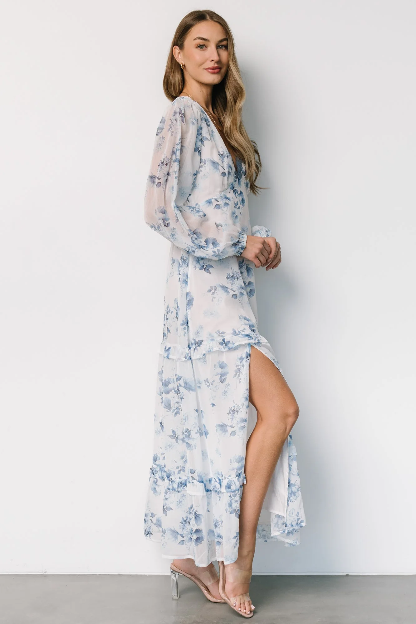 Rumi Deep V Maxi Dress | Off White + Blue Floral - Vlounger
