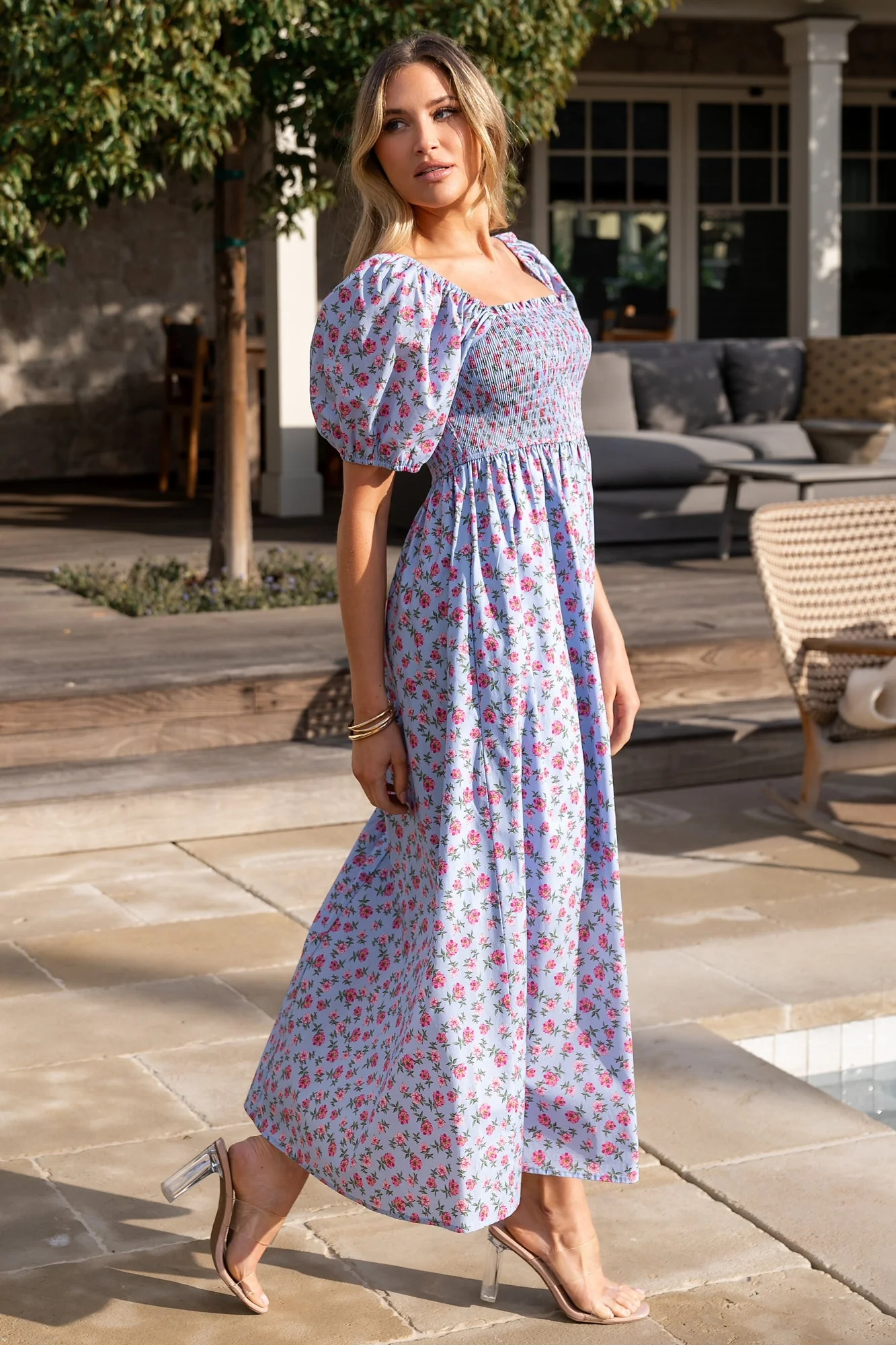 Haddie Smocked Midi Dress | Light Blue + Rose Floral - Vlounger