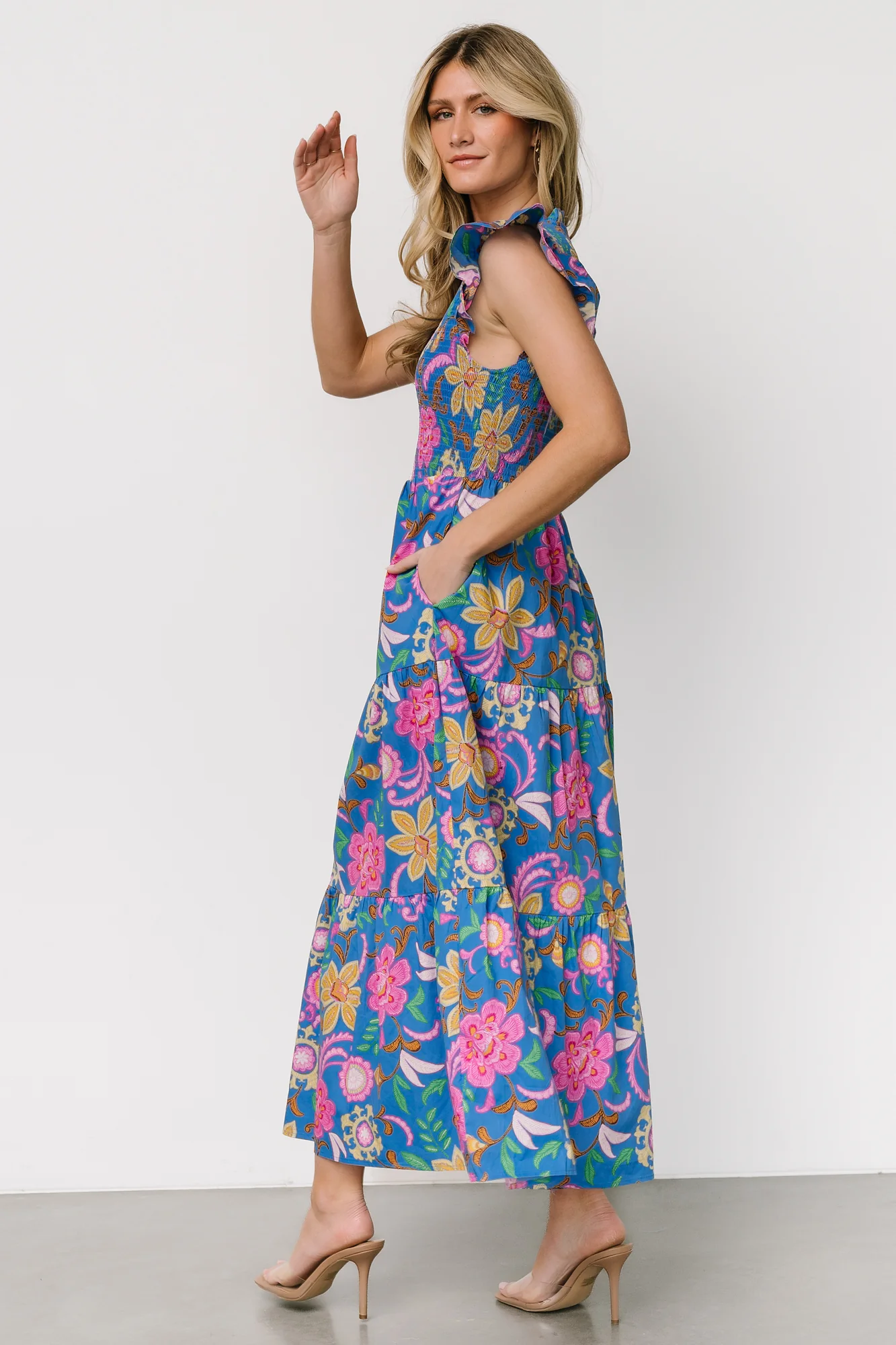 Ranchero Smocked Maxi Dress | Blue Multi Print - Vlounger