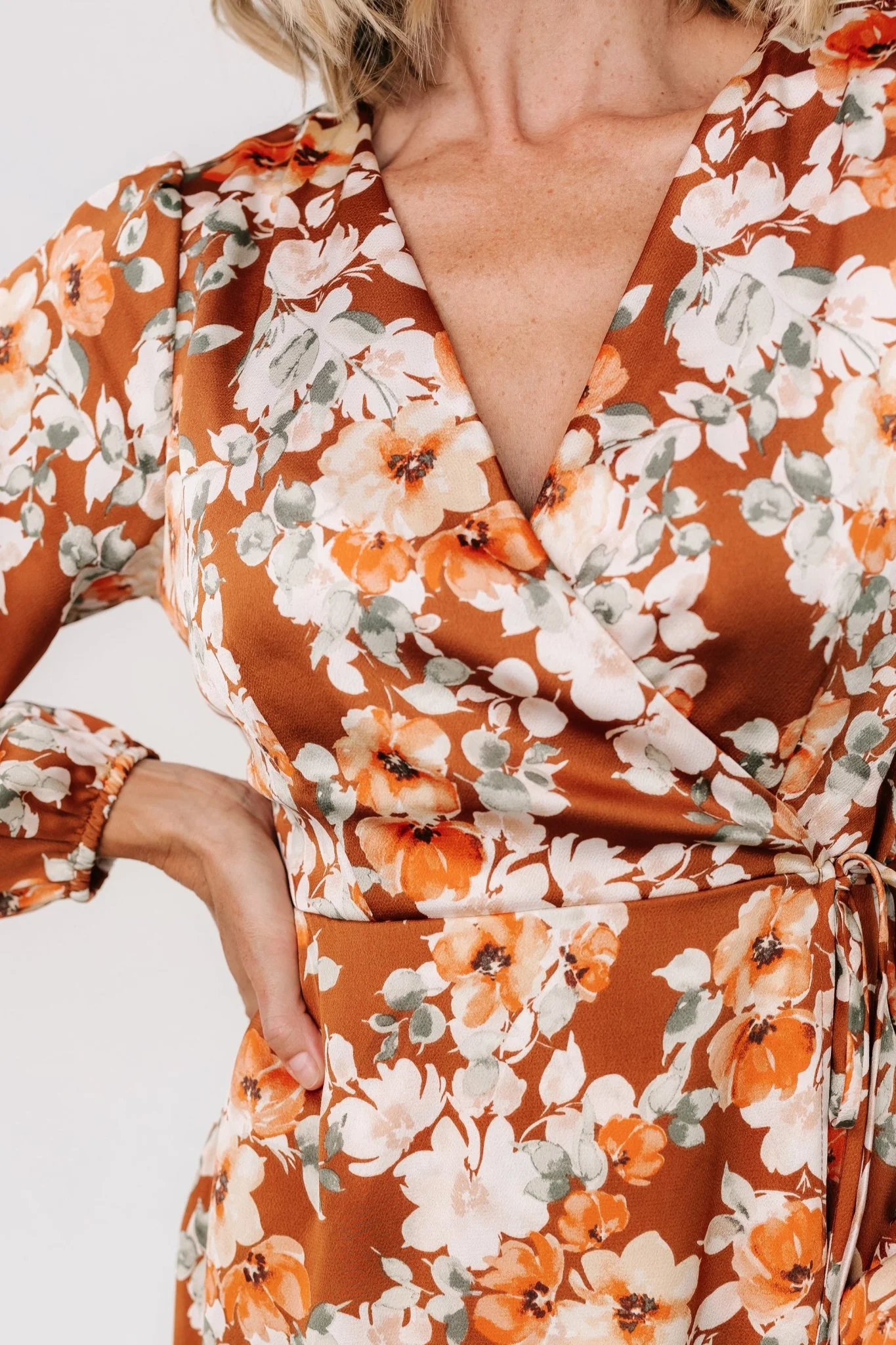 Clarissa Faux Wrap Midi Dress | Copper + Ivory - Vlounger