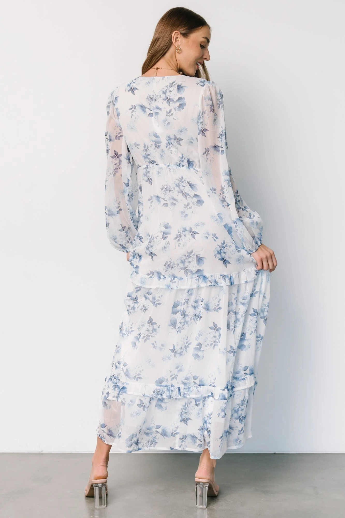 Rumi Deep V Maxi Dress | Off White + Blue Floral - Vlounger