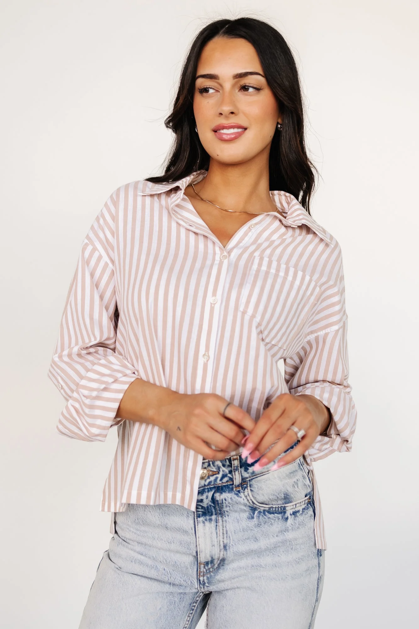 Shasta Button Up Top | Beige Stripe - Vlounger