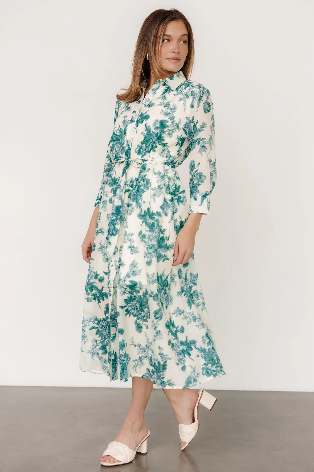 Eunice Button Midi Dress | Cream + Green Floral - Vlounger