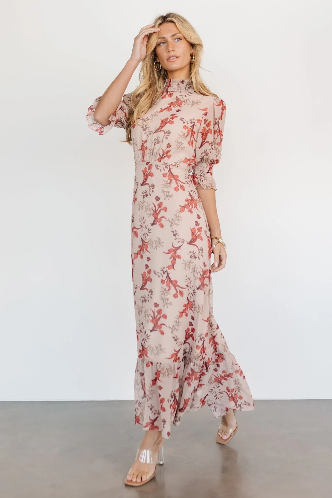 Marie Mock Neck Maxi Dress | Blush Floral - Vlounger