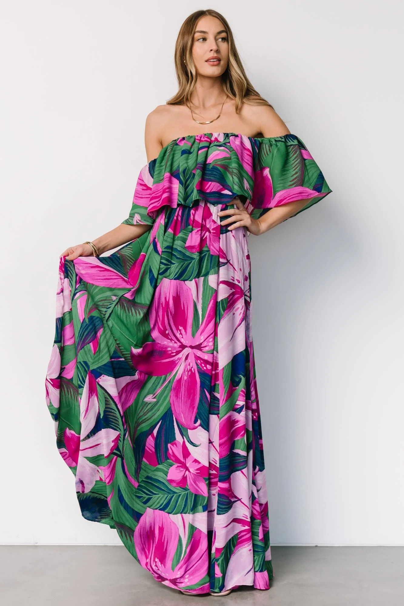 Azalea Off Shoulder Maxi Dress | Green + Fuchsia Floral - Vlounger