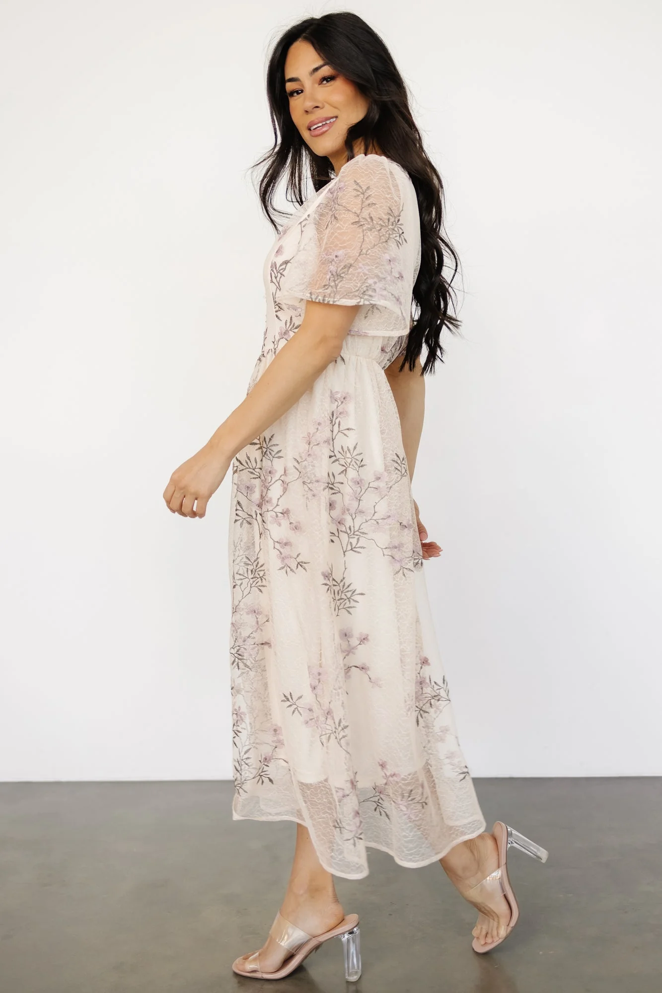 Ashlee Embroidered Midi Dress | Cream + Lavender Floral - Vlounger