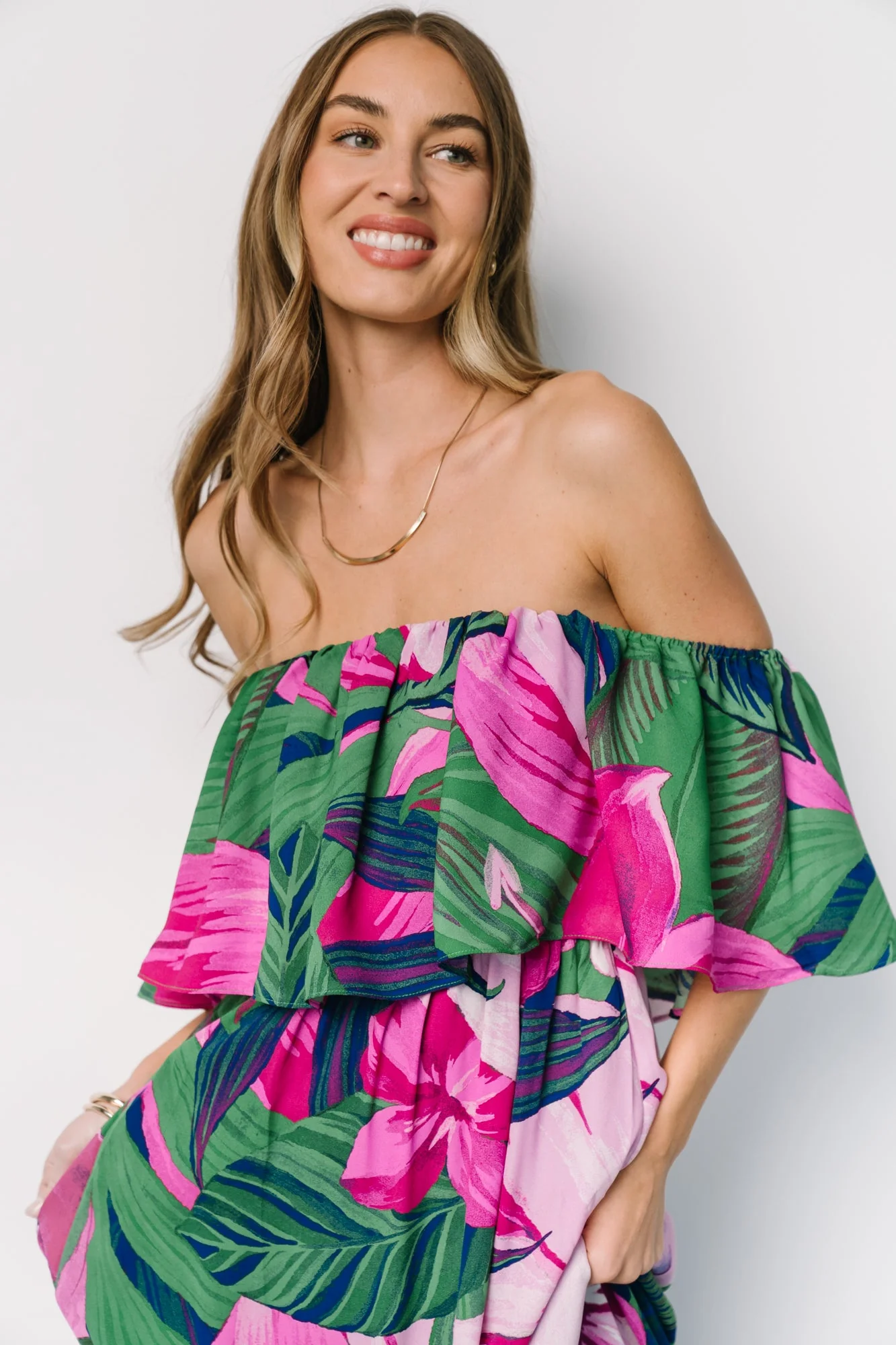 Azalea Off Shoulder Maxi Dress | Green + Fuchsia Floral - Vlounger
