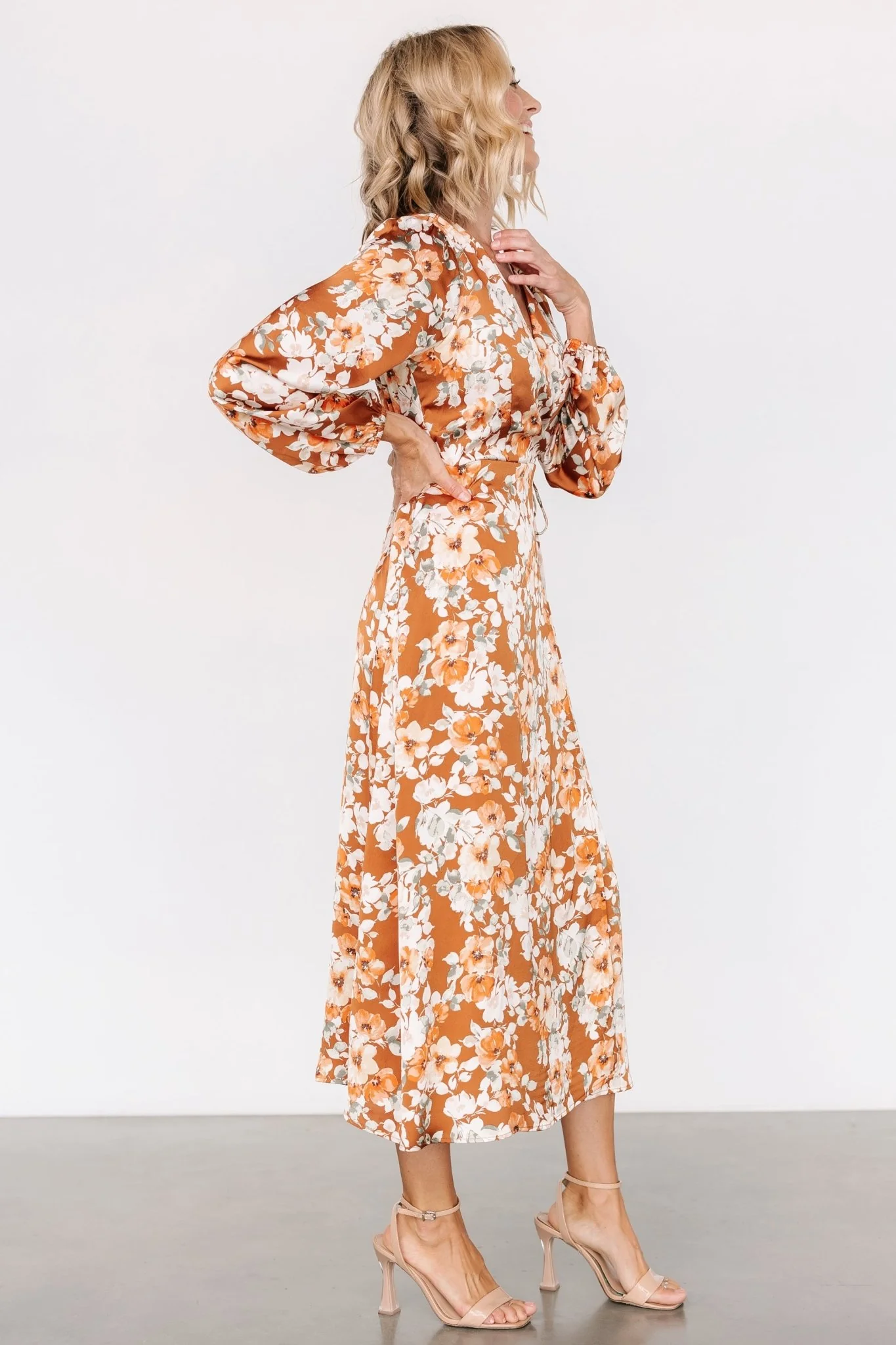 Clarissa Faux Wrap Midi Dress | Copper + Ivory - Vlounger