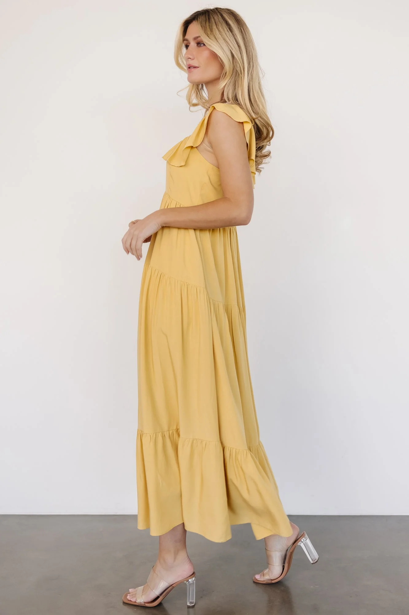Ellie Ruffle Top Dress | Golden Yellow - Vlounger