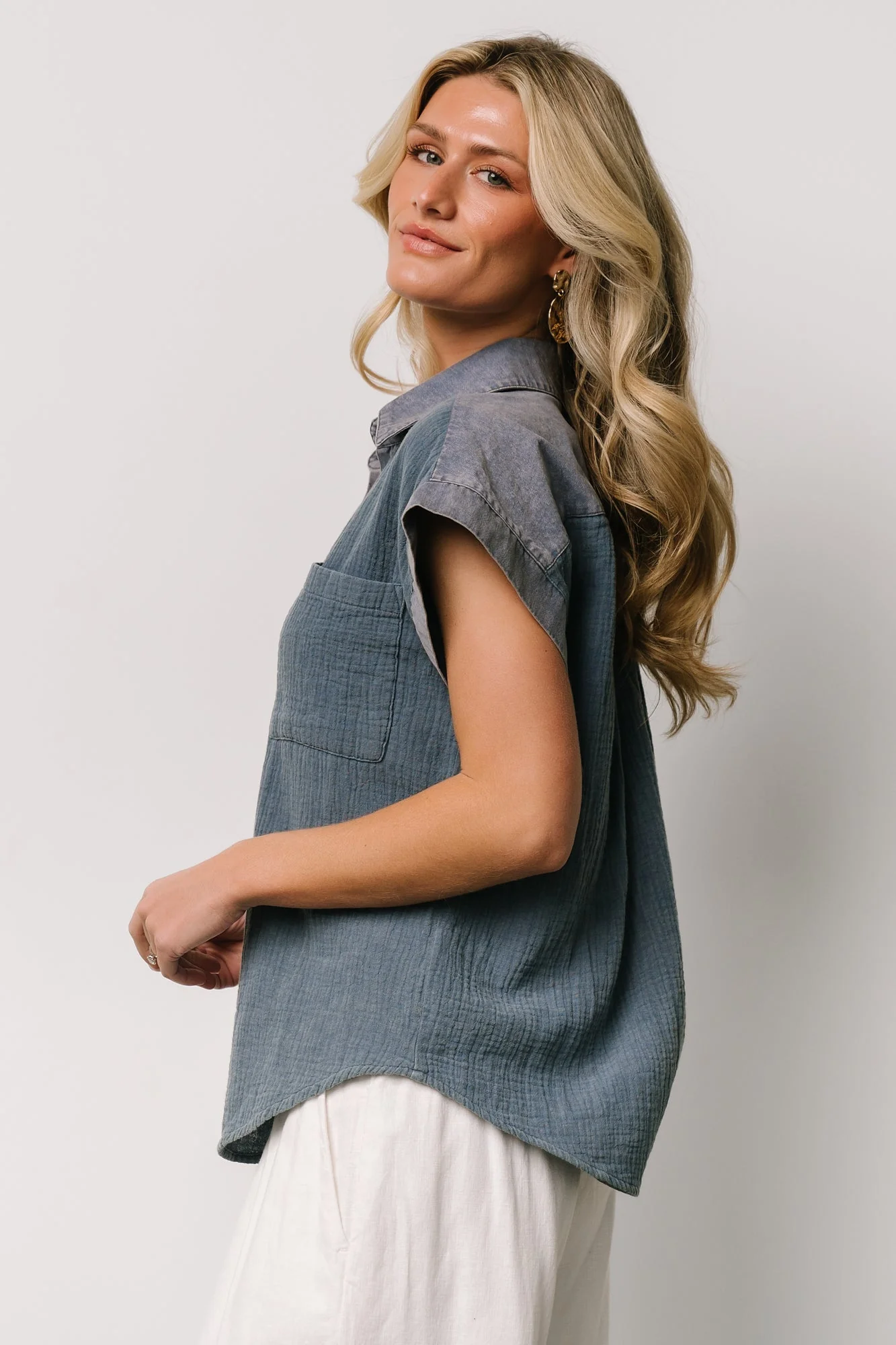 Jaye Button Top | Denim Blue - Vlounger
