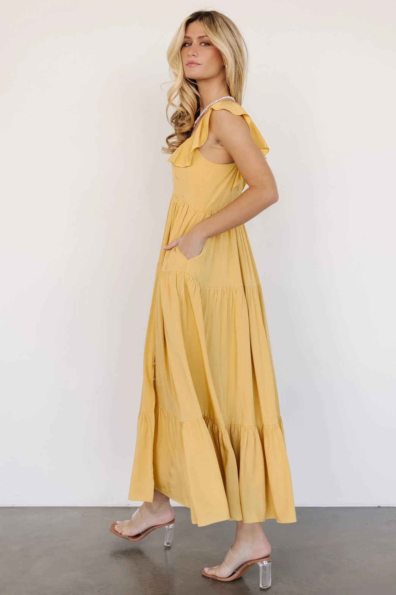 Ellie Ruffle Top Dress | Golden Yellow - Vlounger