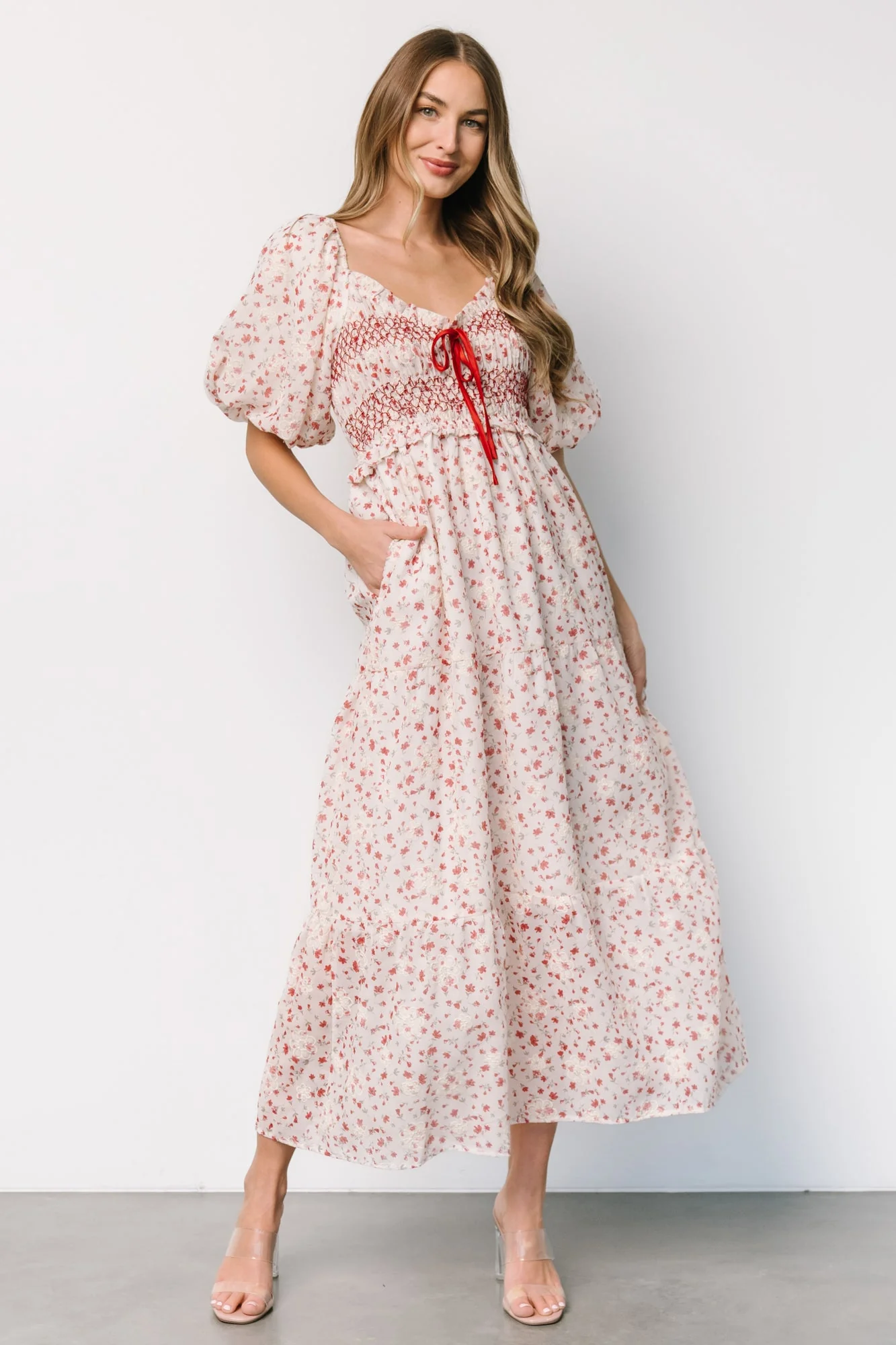 Hollie Smocked Dress | Cream + Red Floral - Vlounger